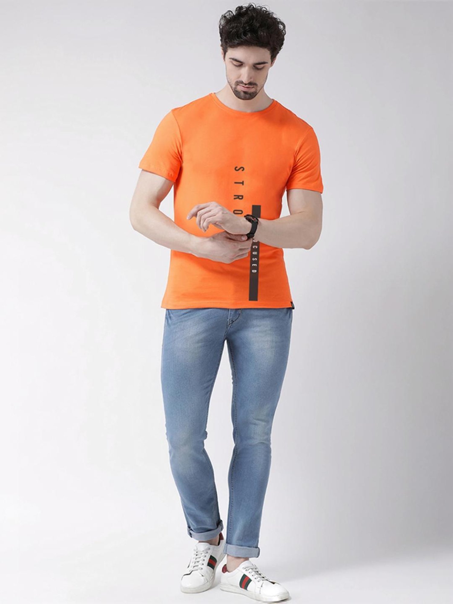 Friskers Orange Cotton Slim Fit Printed T-Shirt