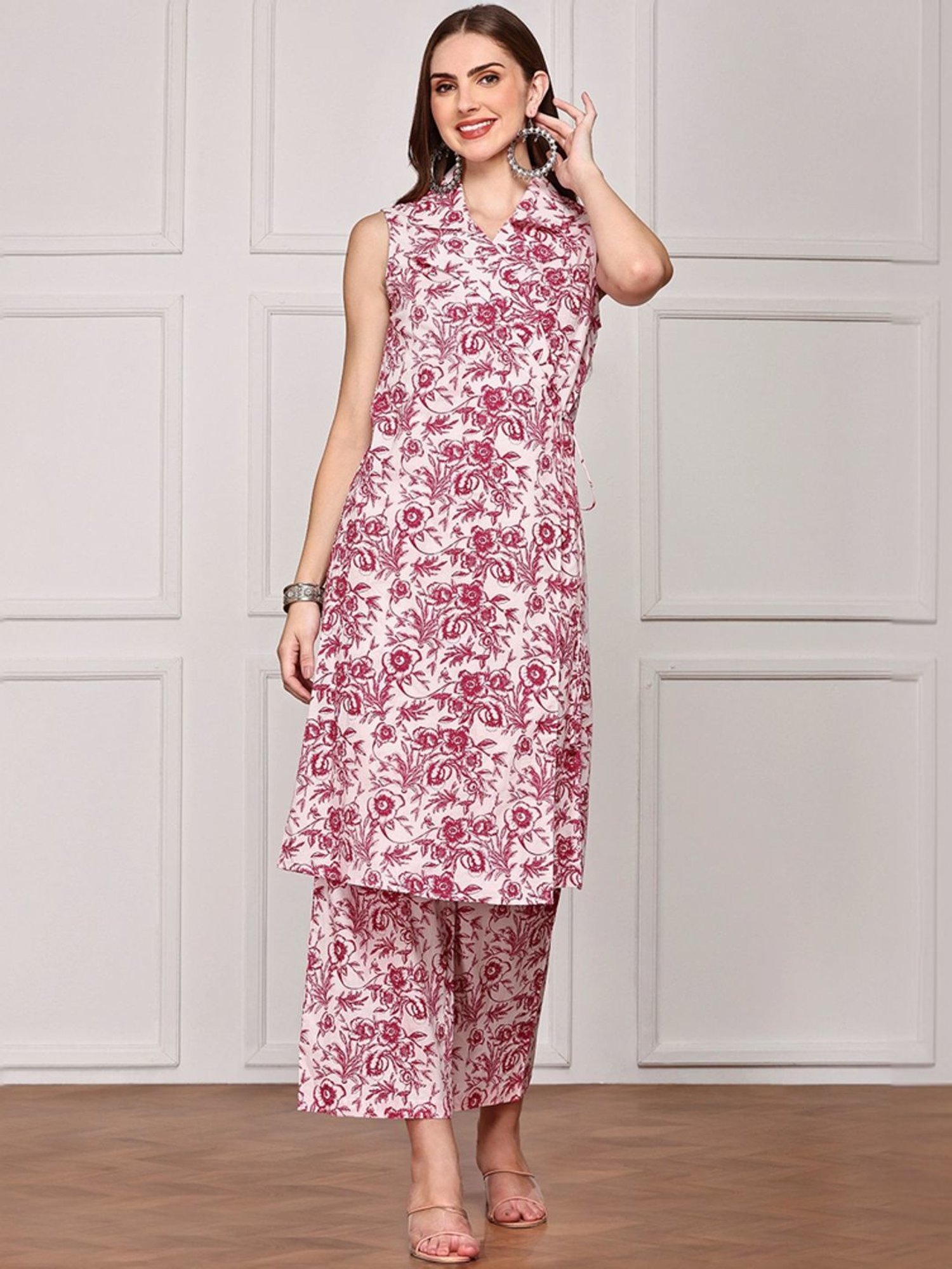 Ishin Pink Floral Print Crop Top & Pants Set with Jacket