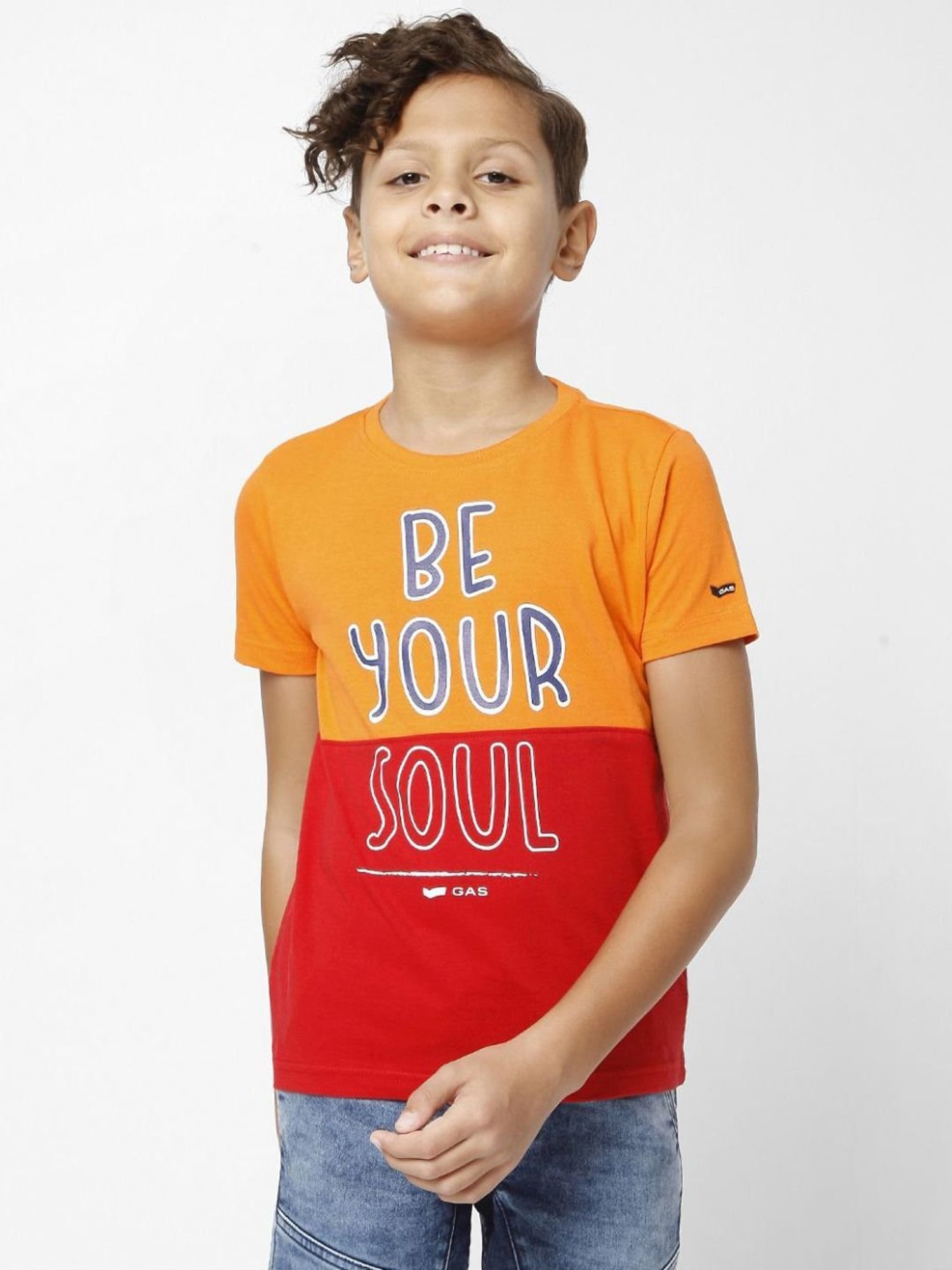Gas Boys Orange & Red Cotton Color Block T-Shirt