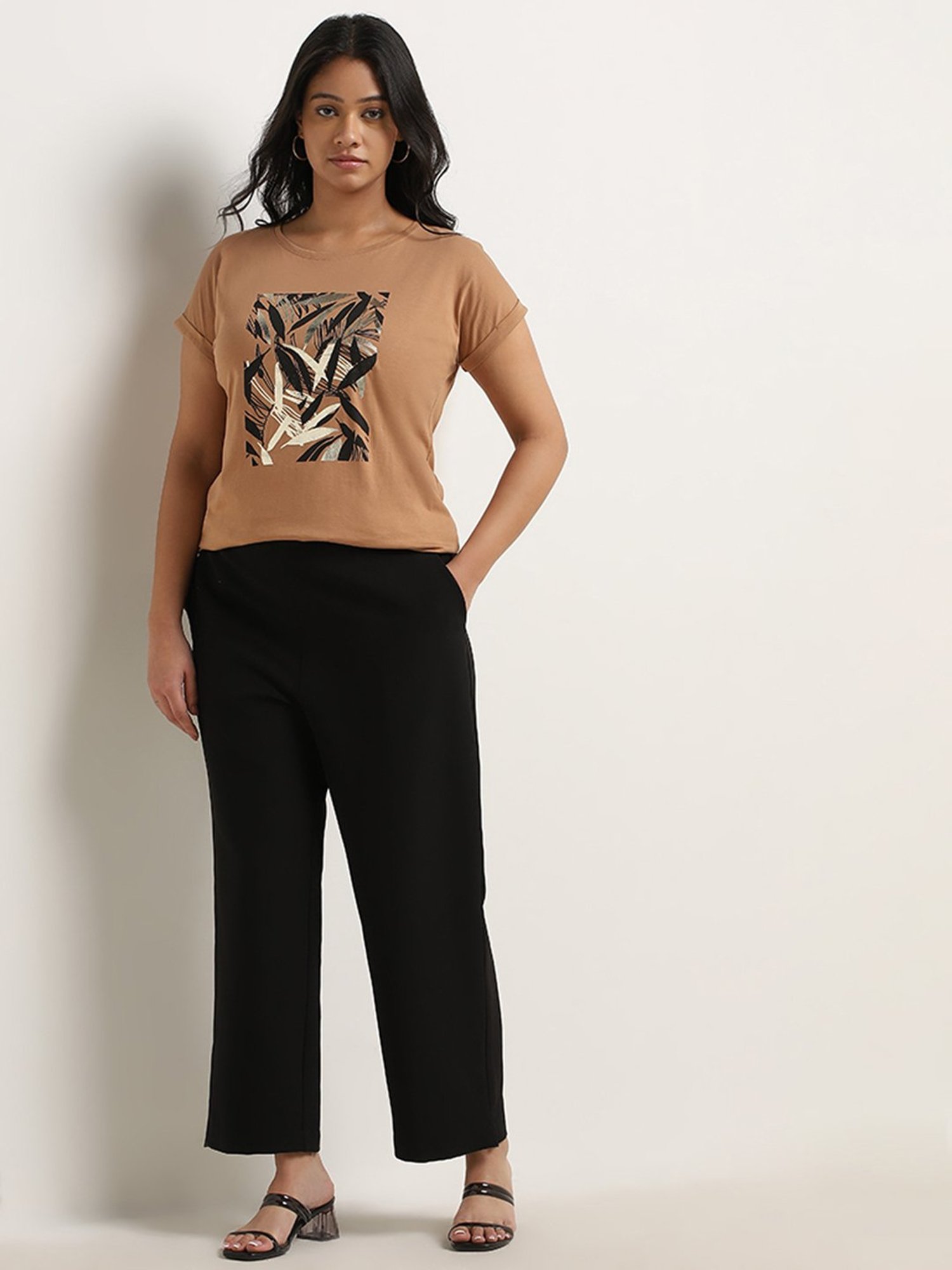 Gia by Westside Light Brown Leaf Design Cotton T-Shirt