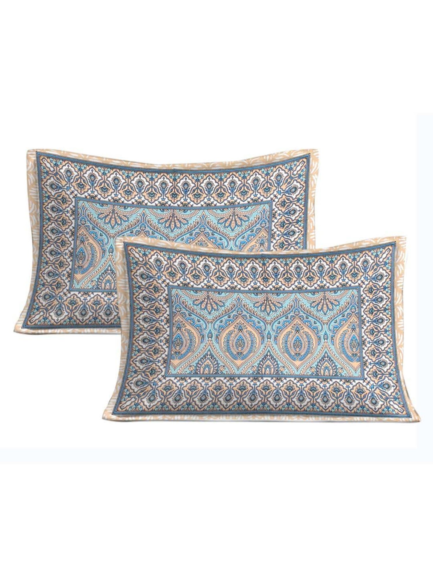 BELLA CASA Ethnic Collection Blue Cotton 180 TC King Bedsheet with 2 Pillow Covers