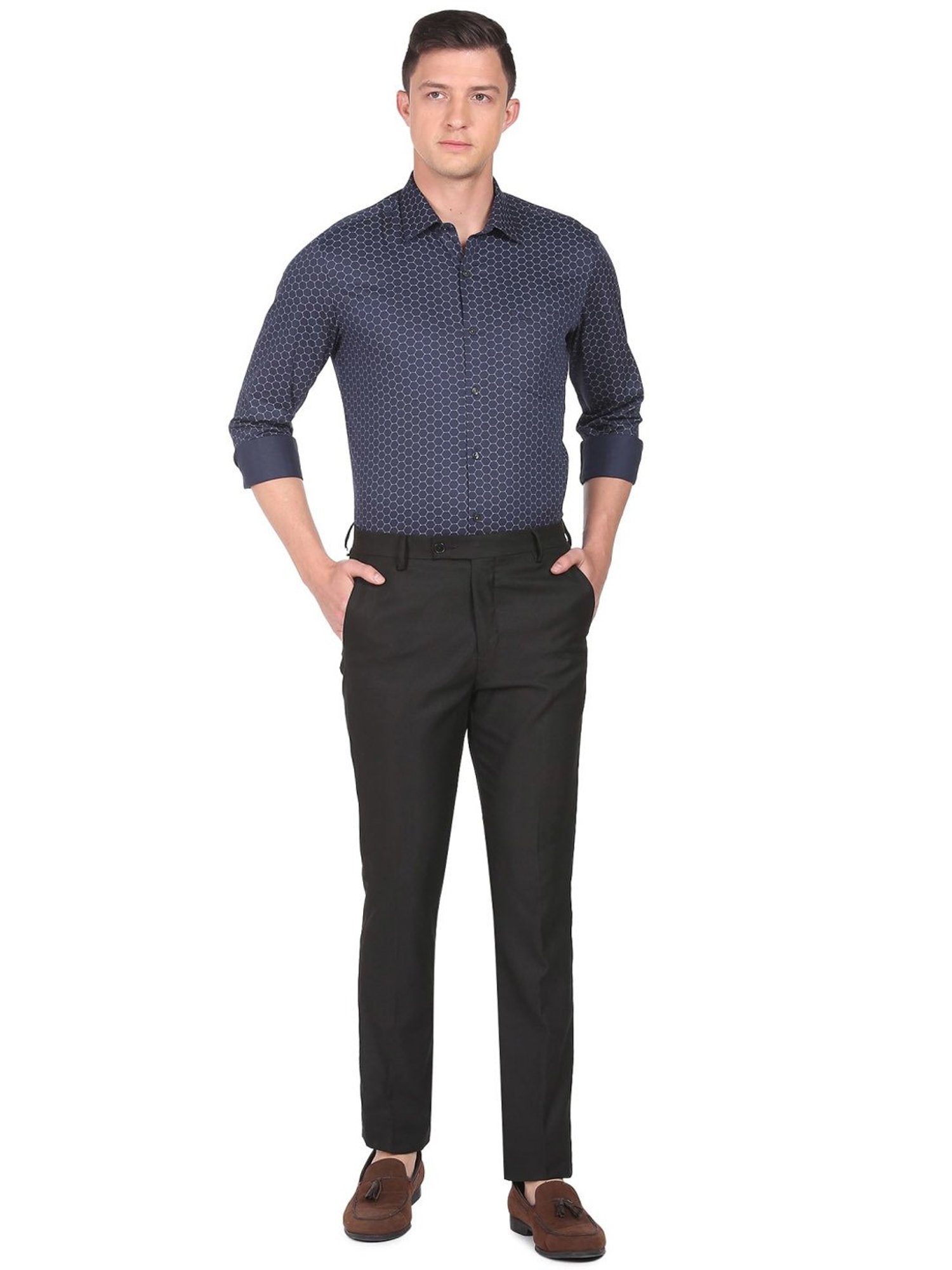 Arrow Navy Blue Cotton Slim Fit Printed Shirt