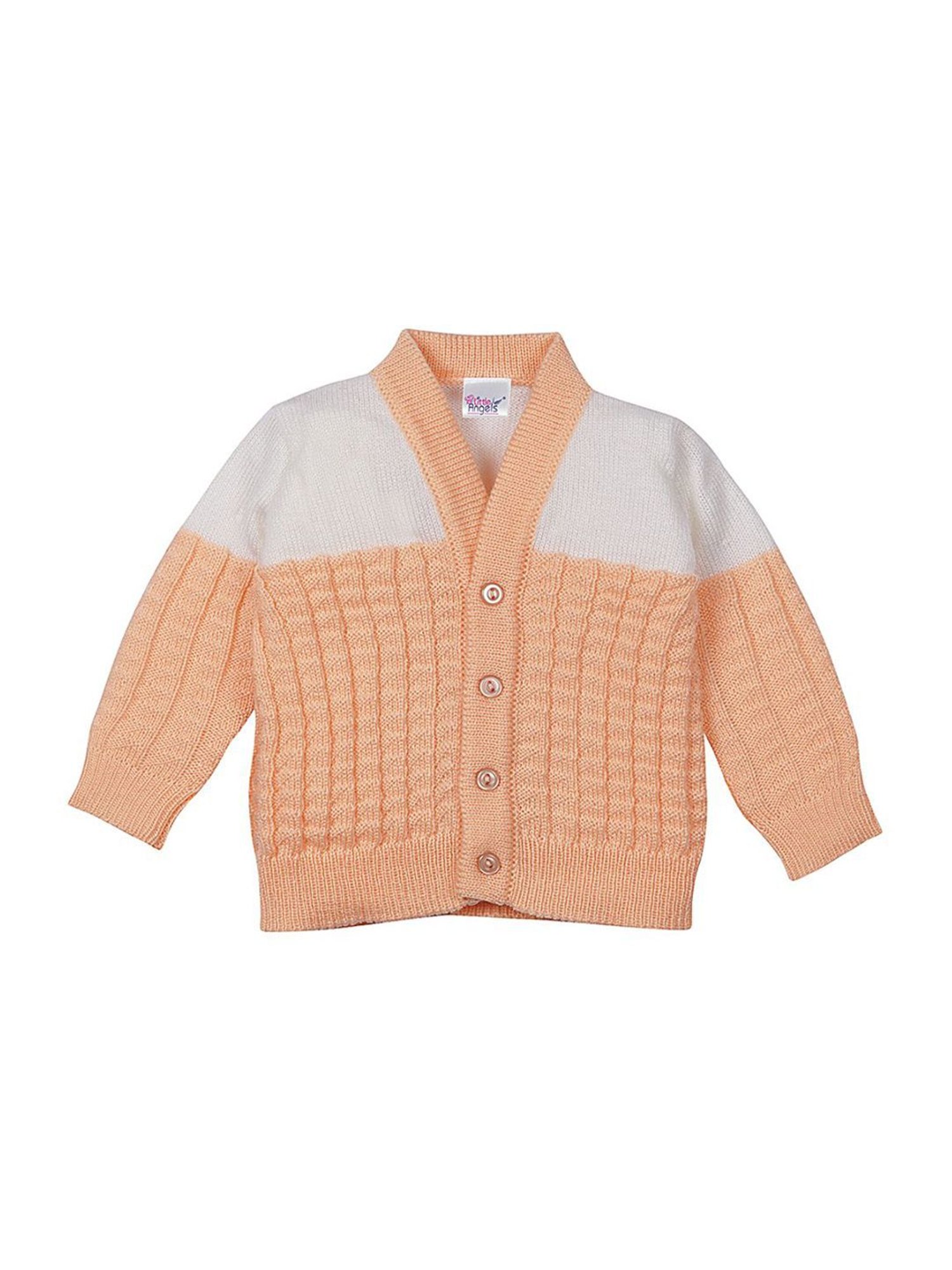Little Angels Kids Peach & White Textured Pattern Full Sleeves Sweater Set
