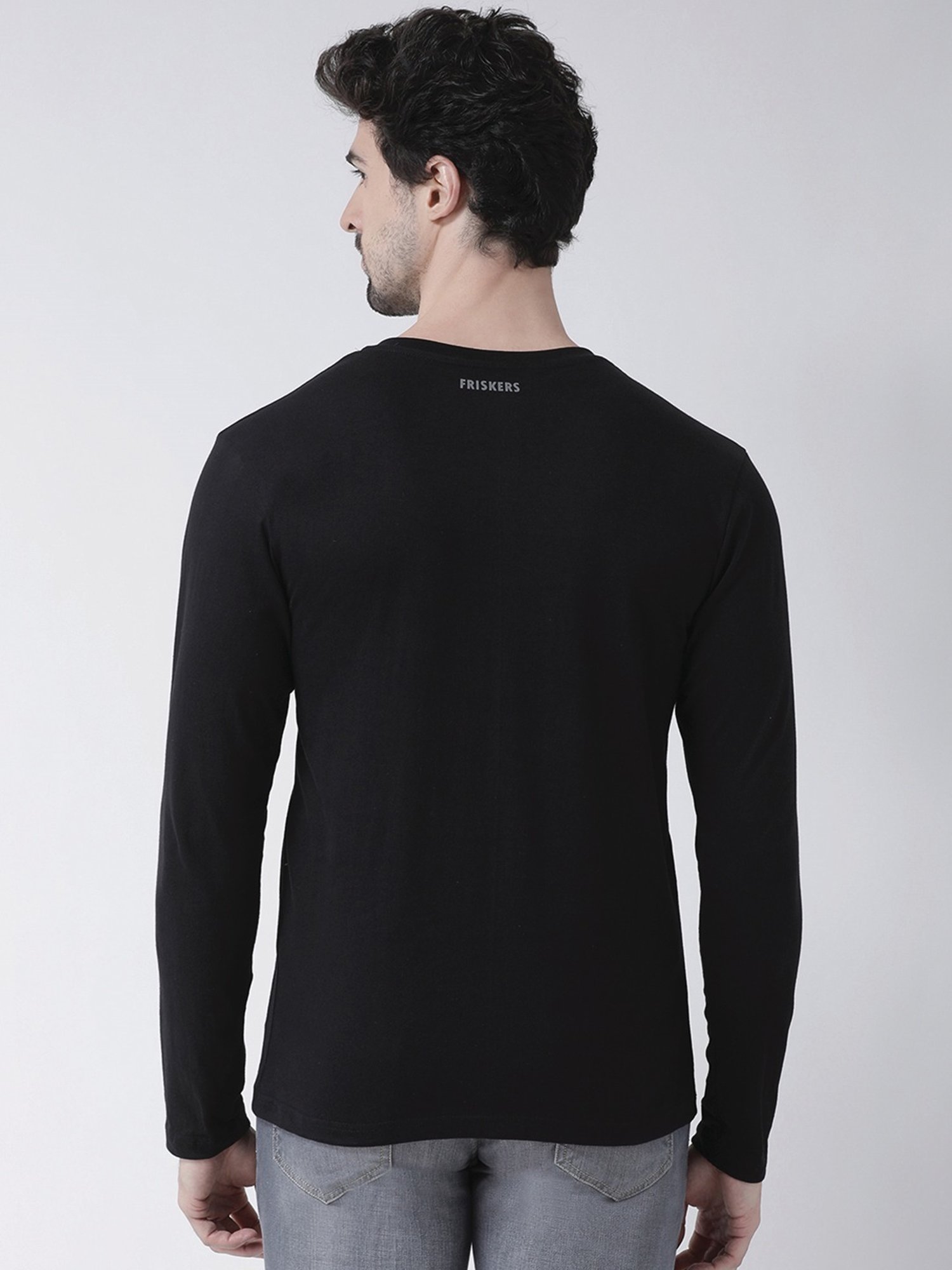 Friskers Black Cotton Slim Fit Printed T-Shirt