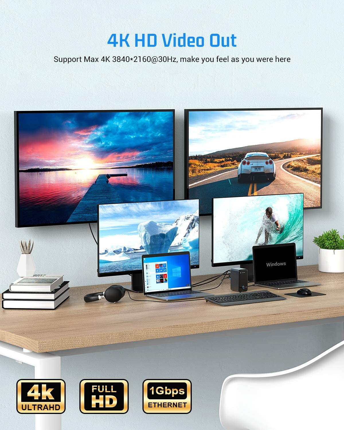 Docking Station USB-C 4K Quadruple Display Universal Laptop Docking Station for MacBook and Windows (3 HDMI, VGA, Gigabit Ethernet, USB-C 3.0, 87W PD and 4 USB Ports), Triple Display for macOS