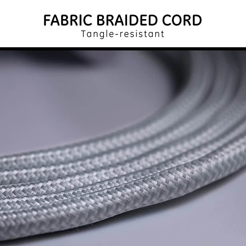 Designer Extension Cord with Sur Protection Braided Power Cord 15 ft 3 Grounded Outlets Flat Plug Premium WhiteGrey 40530