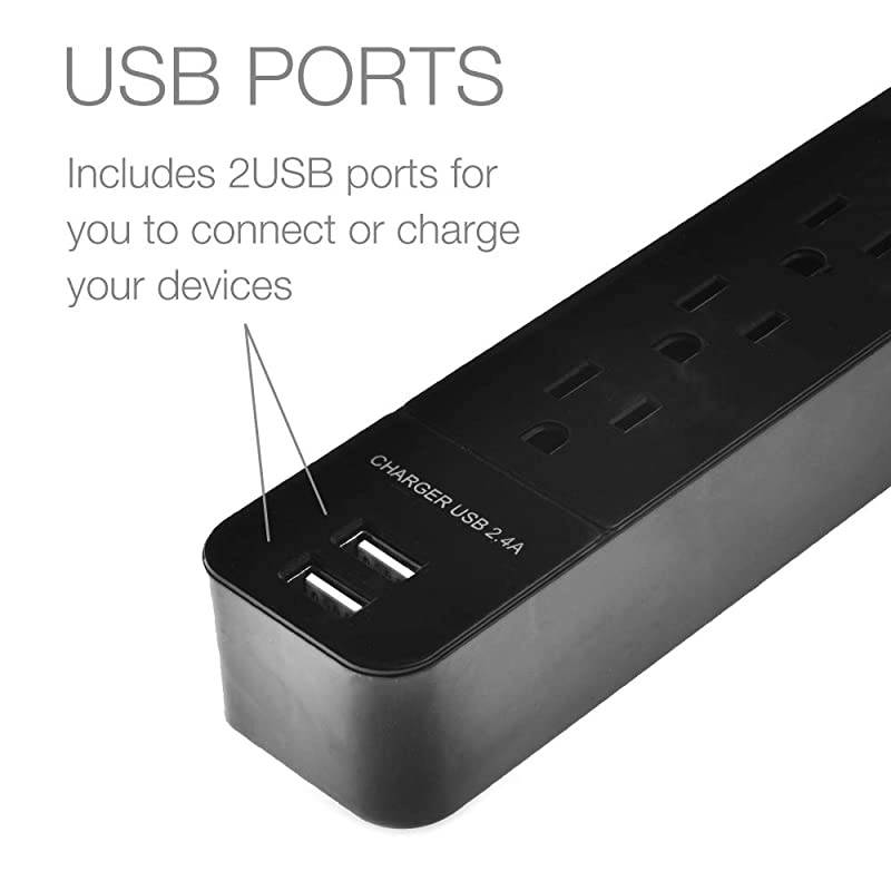 6Outlet + 2 USB 1050 Joule Surge Protector Power Strip with 15Ft Long Extension Cord Black UL Listed