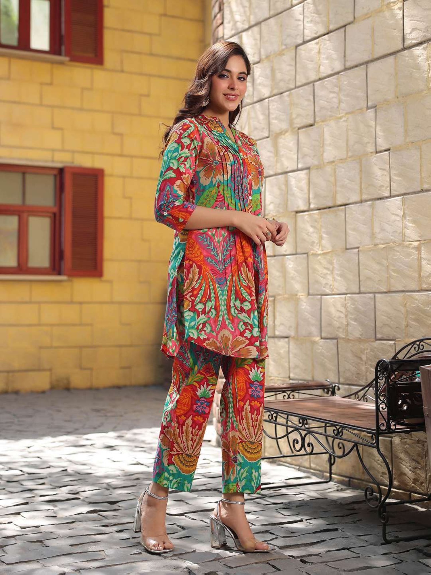 Rain and Rainbow Multicolored Cotton Printed Tunic & Pant Set
