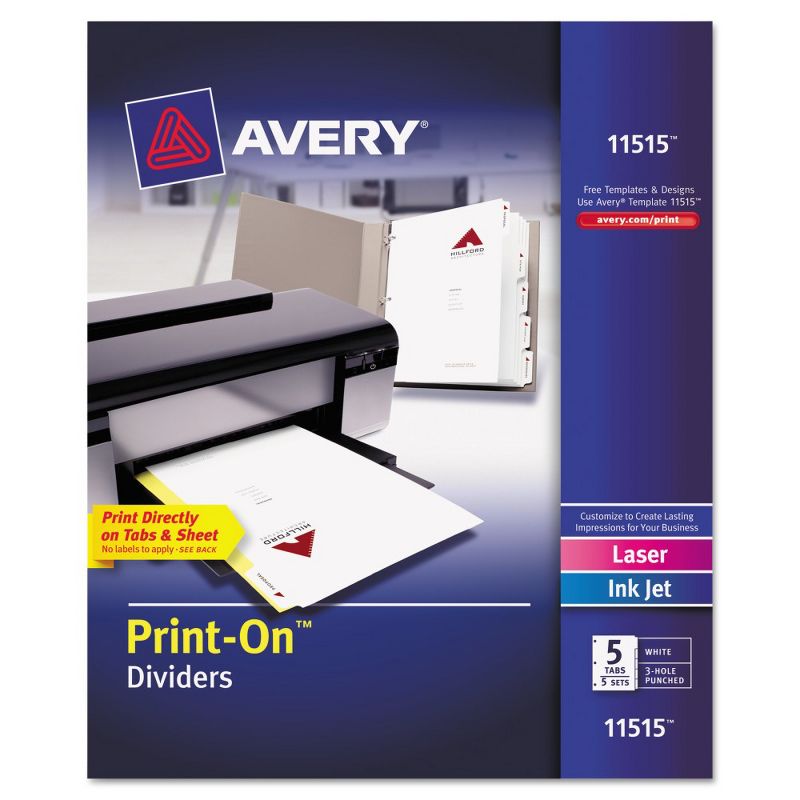 Avery 8-1/2 x 11 Print-On Dividers, 5-Tab, 3-Hole Punched- White (5 Sets pk)