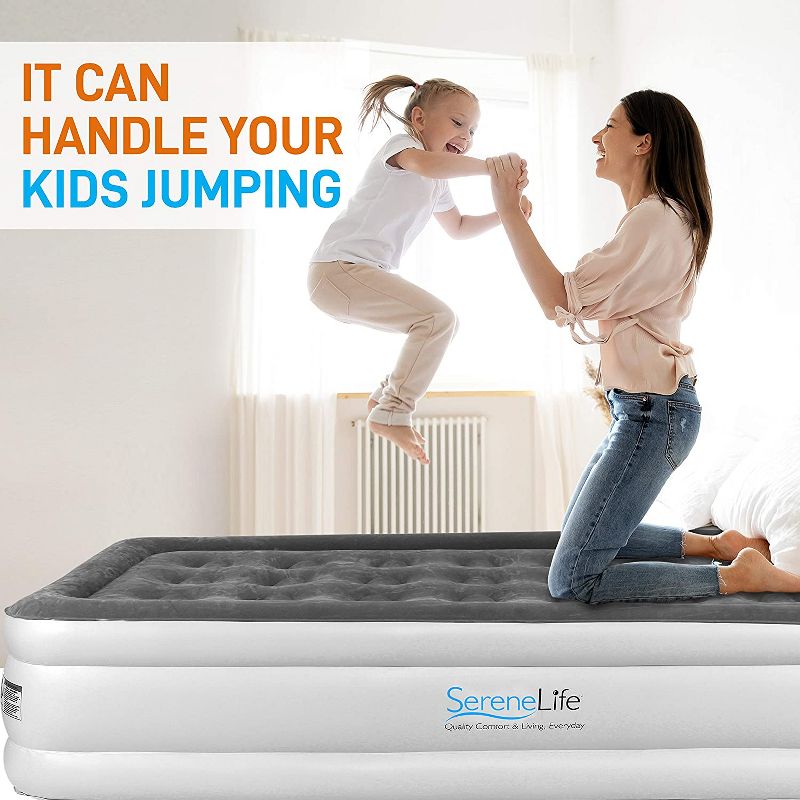 SereneLife Twin Size Inflatable Premium Airbed Flocked PVC Mattress for Travel and Camping with Internal AC Pump, Storage Bag, and 2 Repair Patches