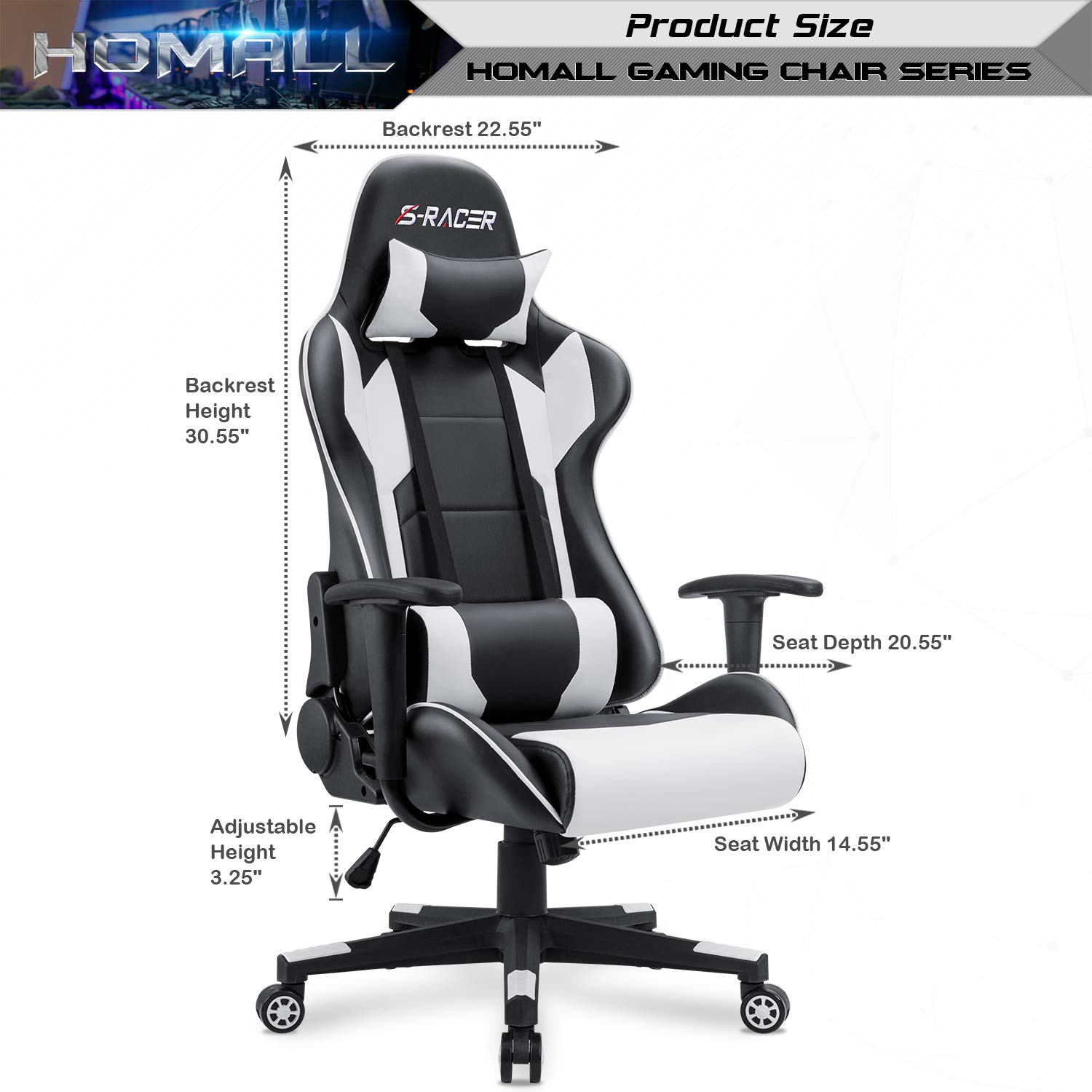 Homall Gaming Chair Office Chair High Back Computer Chair PU Leather Desk Chair Racing Executive Ergonomic Swivel Task Chair, Seat Height Adjustable, with Headrest and Lumbar Support (Blue)