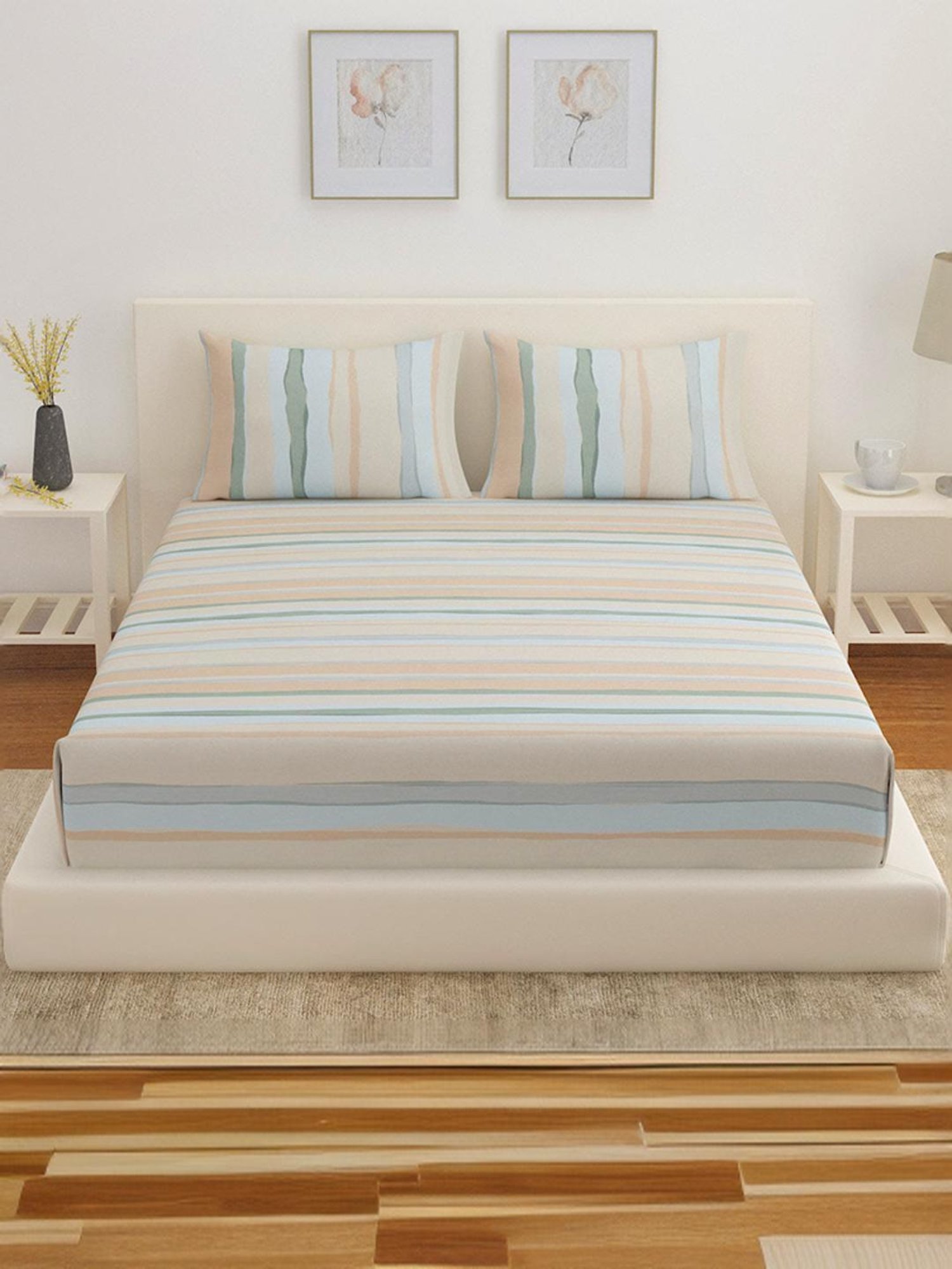 @Home Arias Grey & Blue 225 TC Cotton Satin King Bedsheet with 2 Pillow Covers