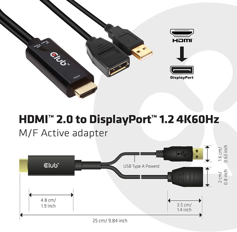 Club 3D 4K 60Hz HDMI to DisplayPort Video Adapter w/USB Power - HDMI 2.0 (Male) to DP 1.2 (Female) Active Monitor Converter (CAC-1331)