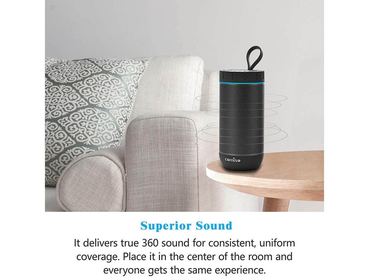 COMISO Waterproof Bluetooth Speakers Outdoor Wireless Portable Speaker with 20 Hours Playtime Superior Sound for Camping, Beach, Sports, Pool Party, Shower (Dark Grey)