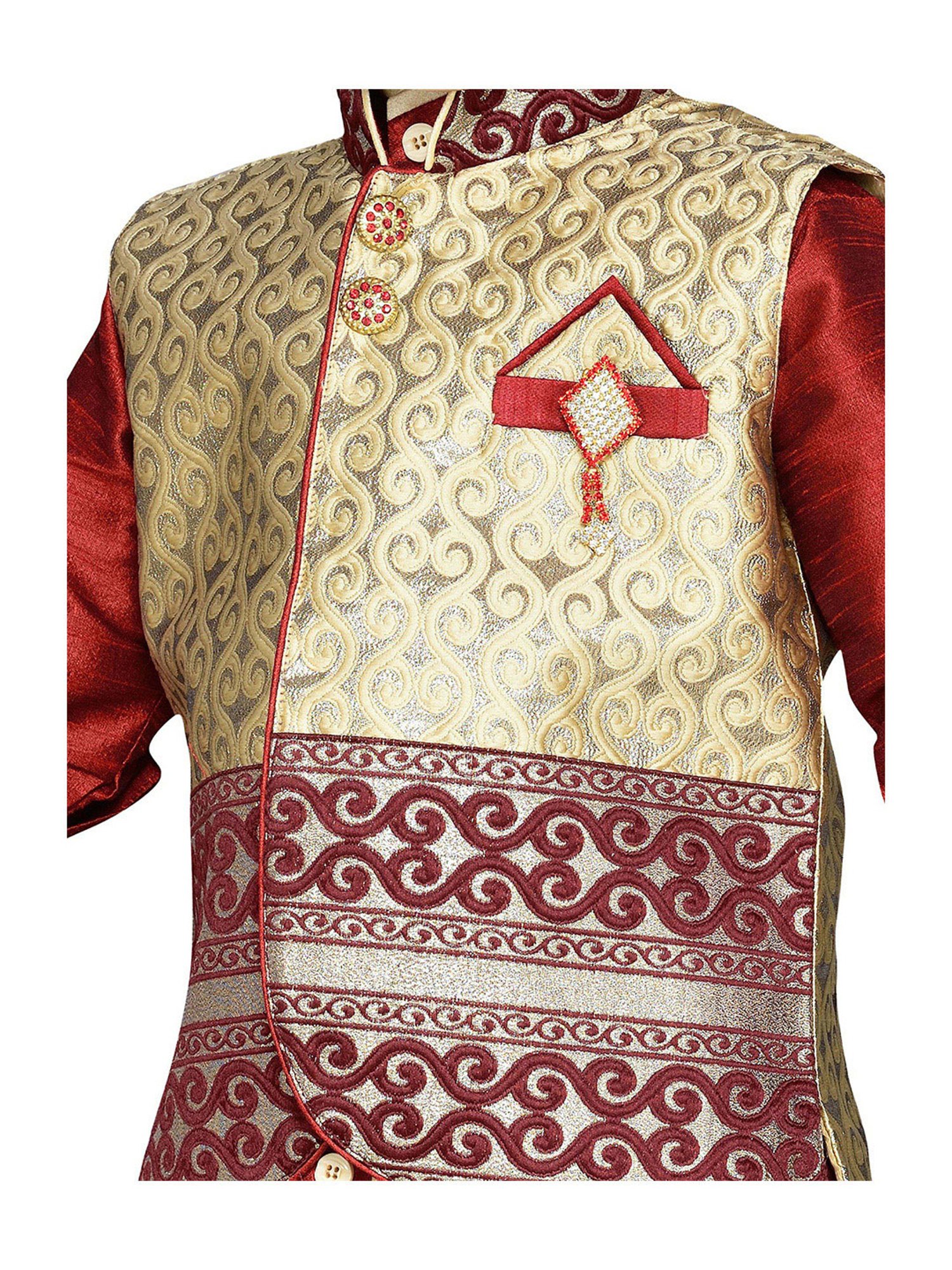 AJ Dezines Kids Maroon & Gold Self Design Full Sleeves Kurta, Pyjamas with Waistcoat