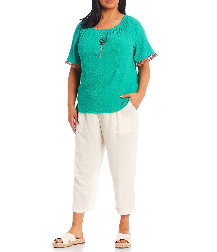 I.N. Studio Plus Size Pucker Woven Square Neck Tassel Trim Short Sleeve Necklace Top