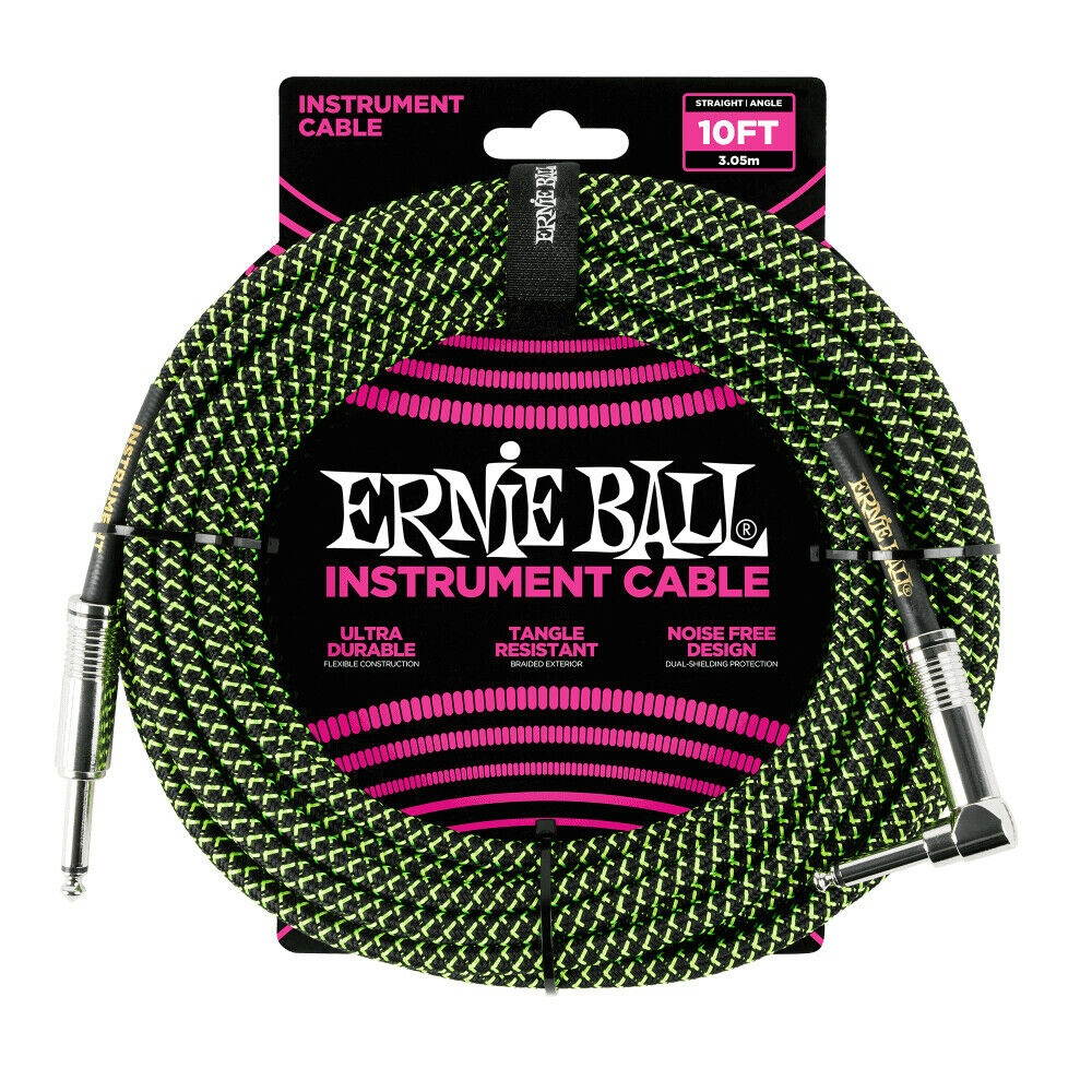 Ernie Ball 6077 10' Braided Straight / Angle Instrument Cable, Black and Green