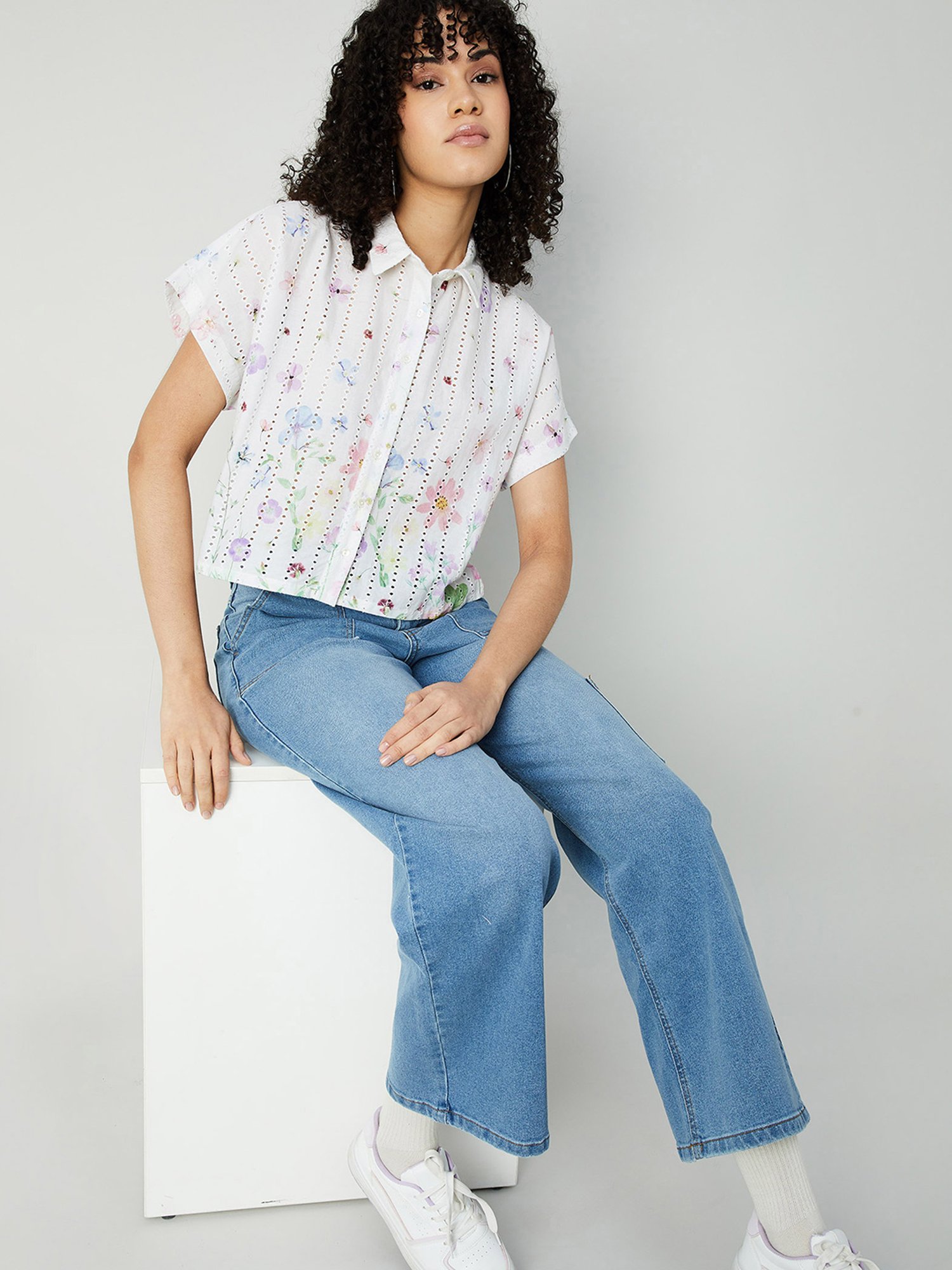 Ginger by Lifestyle White Cotton Self Design Crop Top