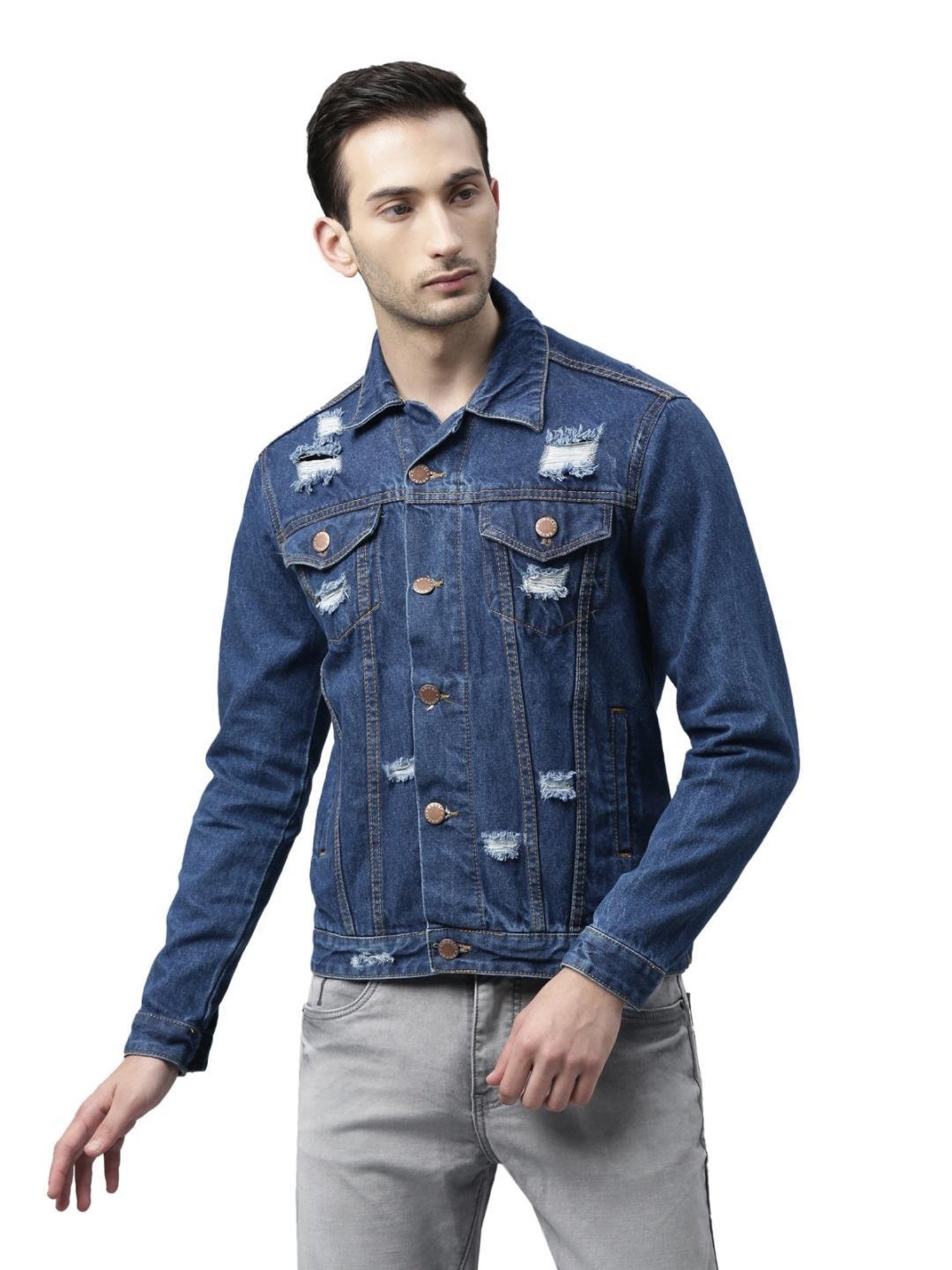 CINOCCI Blue Cotton Slim Fit Distressed Denim Jacket
