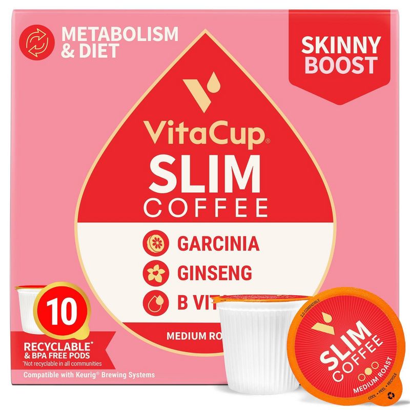 VitaCup Slim Coffee Pods (Diet & Metabolism) w/ Garcinia, Ginseng, & B Vitamins, Medium Roast - 10ct