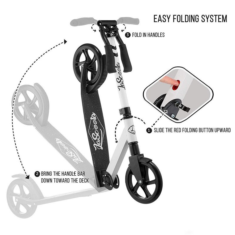 LaScoota Premium Adjustable Portable Folding Kick Scooter with Lightweight Wide Non Slip Deck and Carry Strap, White