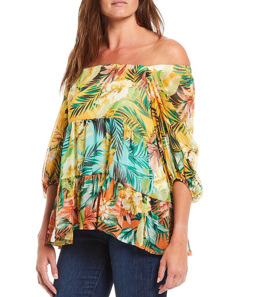 Figueroa & Flower Shira Tropical Floral Print Off-the-Shoulder Elbow Balloon Sleeve Tiered Blouse