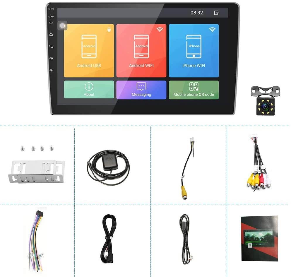 Podofo 10.1 Inch Android Car Stereo Double Din GPS Car Radio 2.5D HD Tempered Glass Mirror Multimedia MP5 Player Support Bluetooth WiFi FM Radio Dual USB Mirror Link with Backup Camera