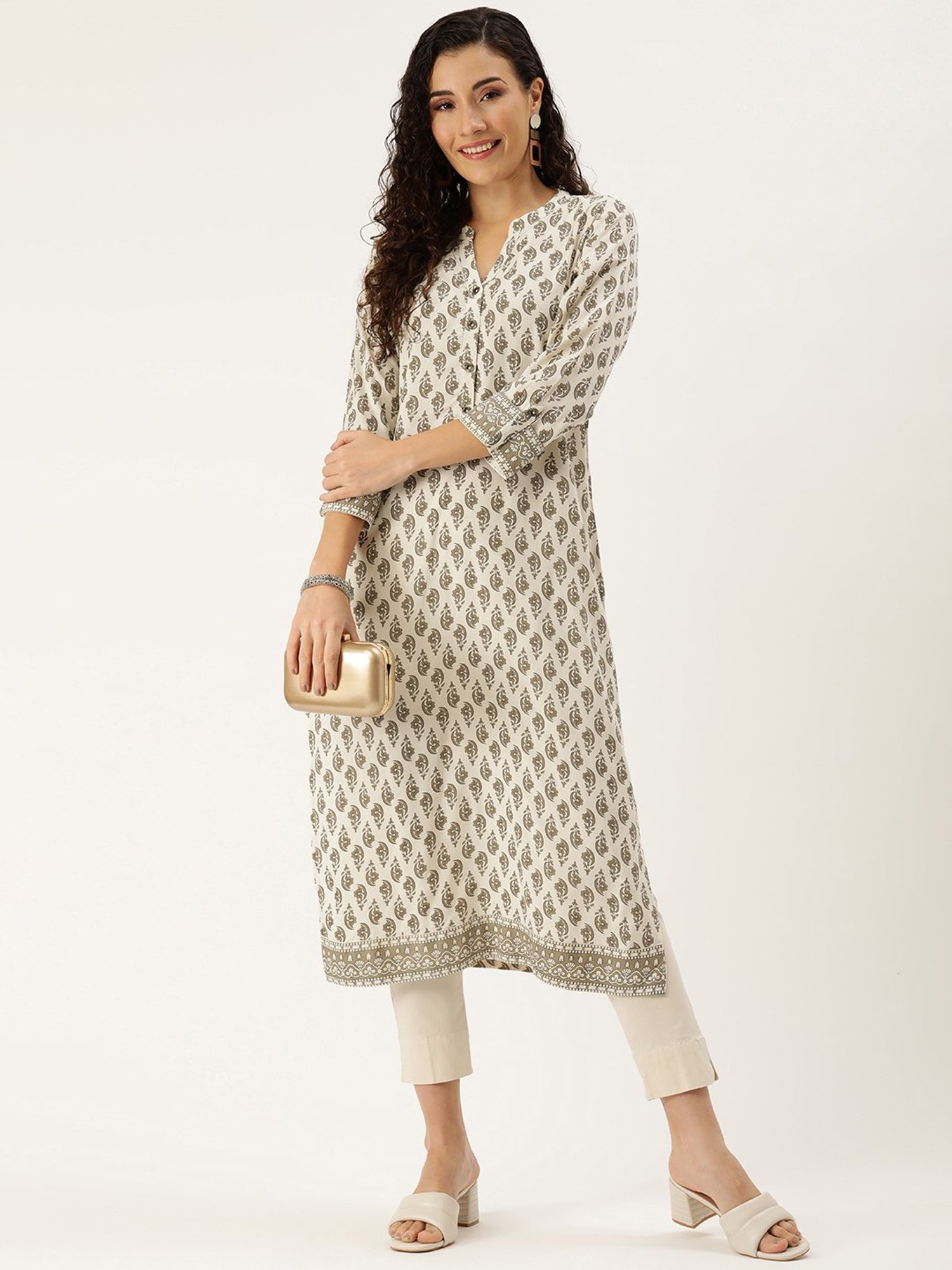 Amukti Beige Rayon Printed Straight Kurta
