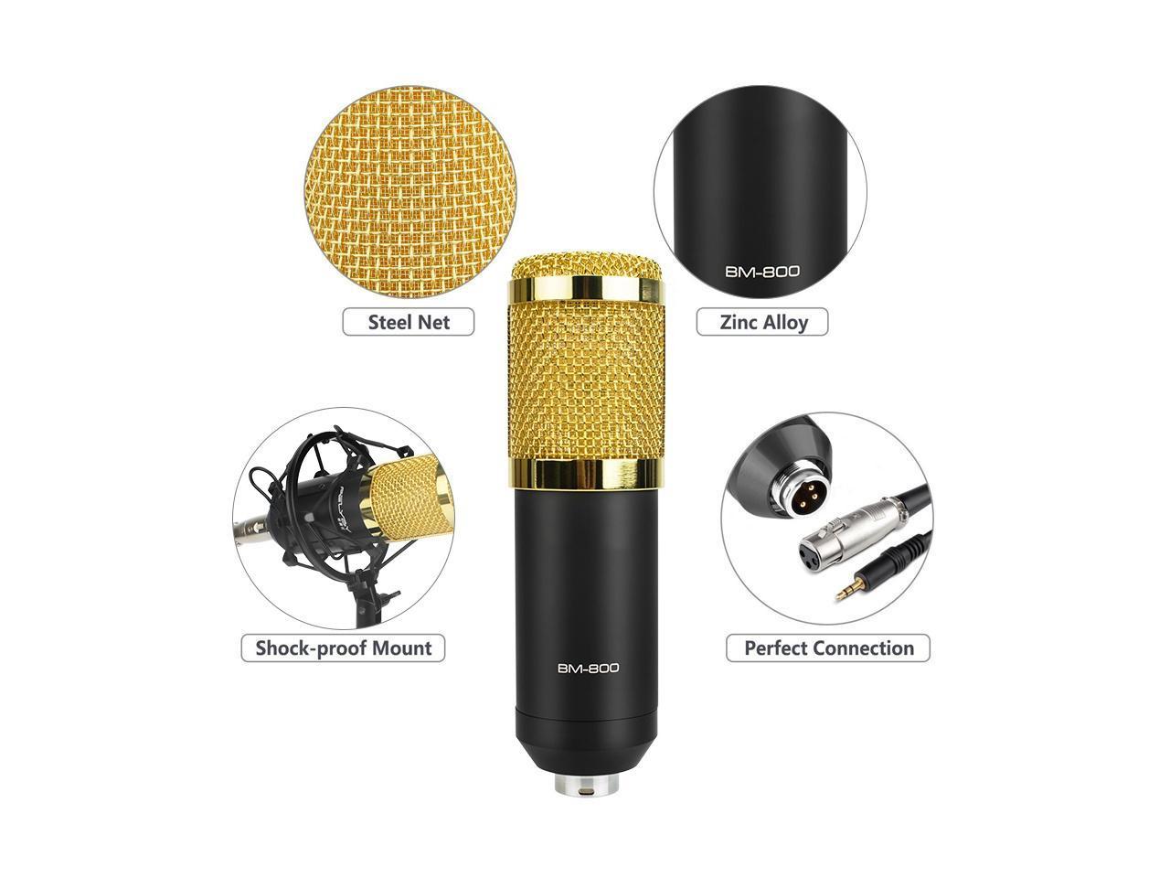 Condenser Microphone Bundle, BM-800 Mic Kit with Adjustable Mic Suspension Scissor Arm, Metal Shock Mount and Double-Layer Pop Filter for Studio Recording & Broadcasting (Black)