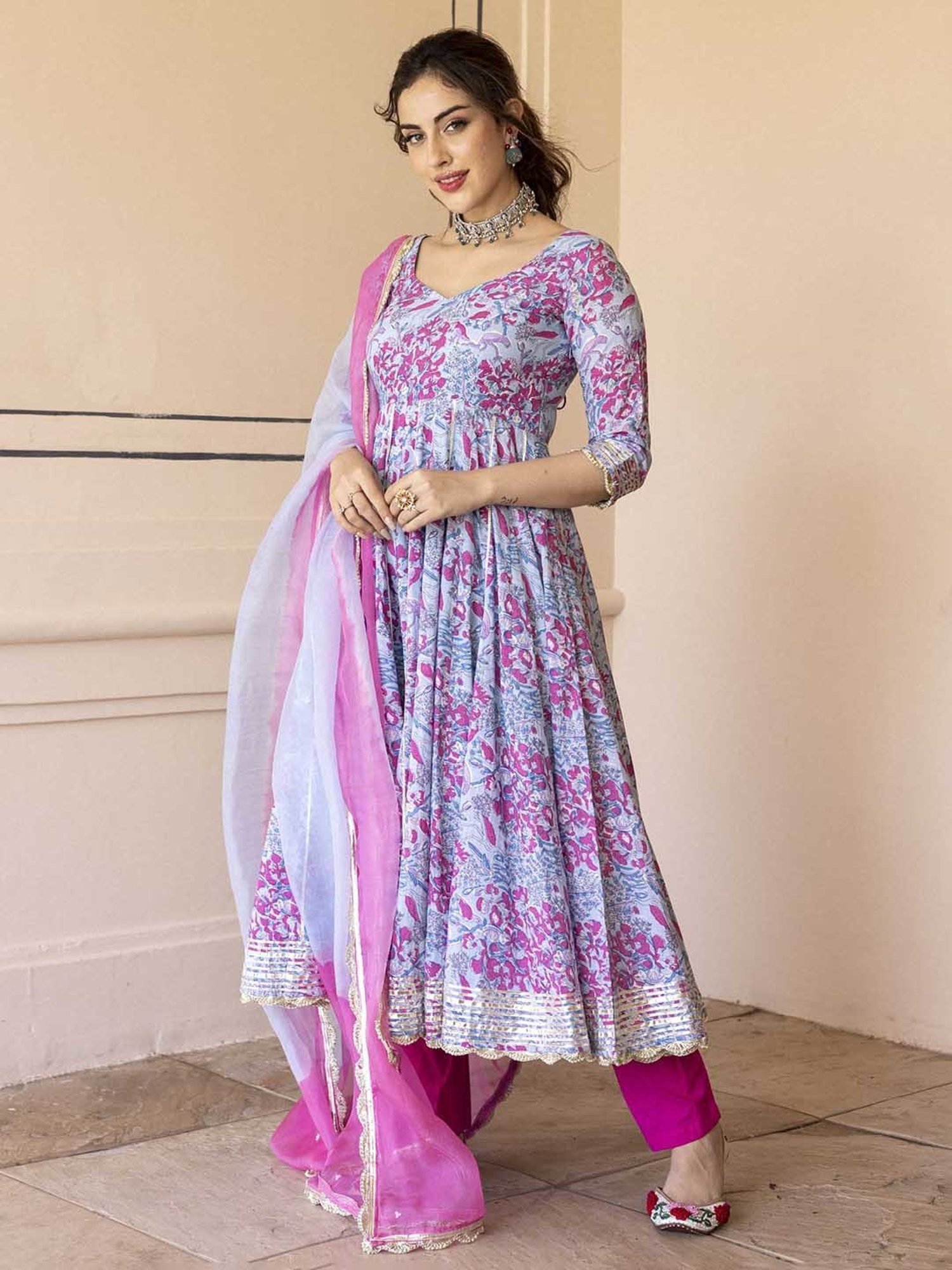 AACHHO Blue Siria Cotton Anarkali Suit Set