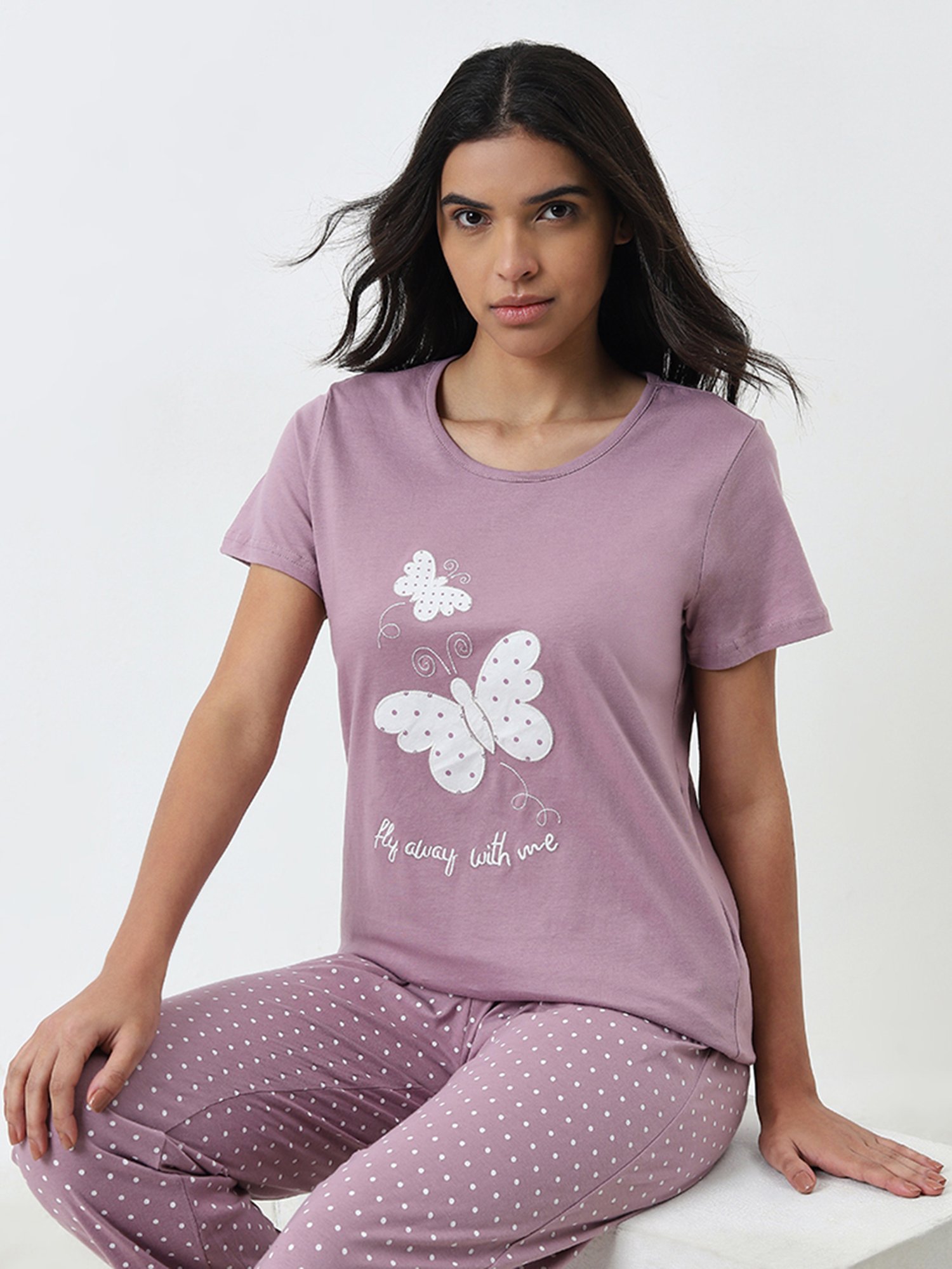 Wunderlove by Westside Pink Dots Printed Cotton Pyjamas Set In A Bag
