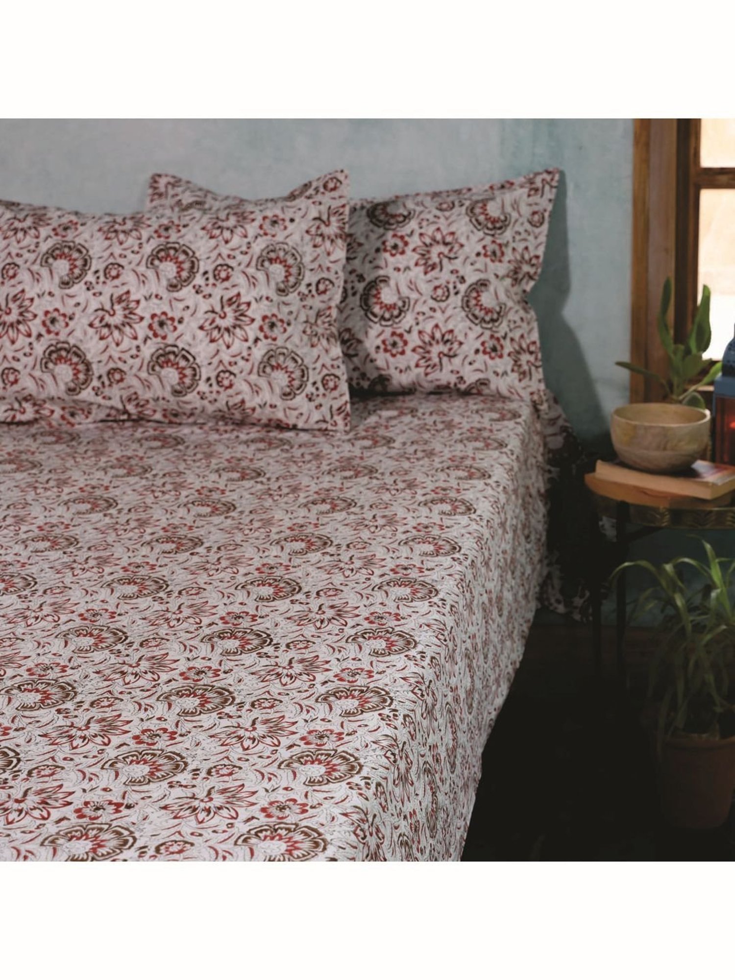 Fanusta Manzhar Off White 200 TC Hand Block Printed Bed Sheet Set