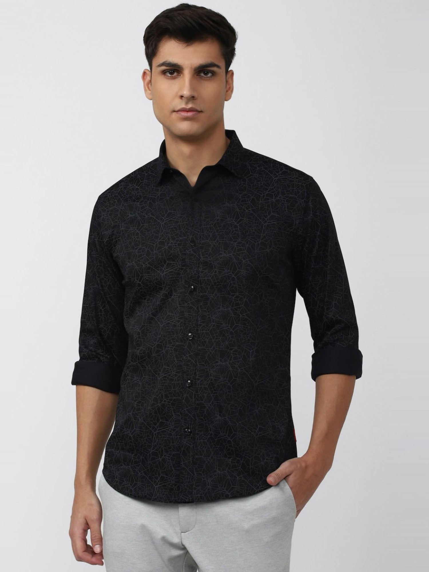 V Dot Black Slim Fit Printed Shirt