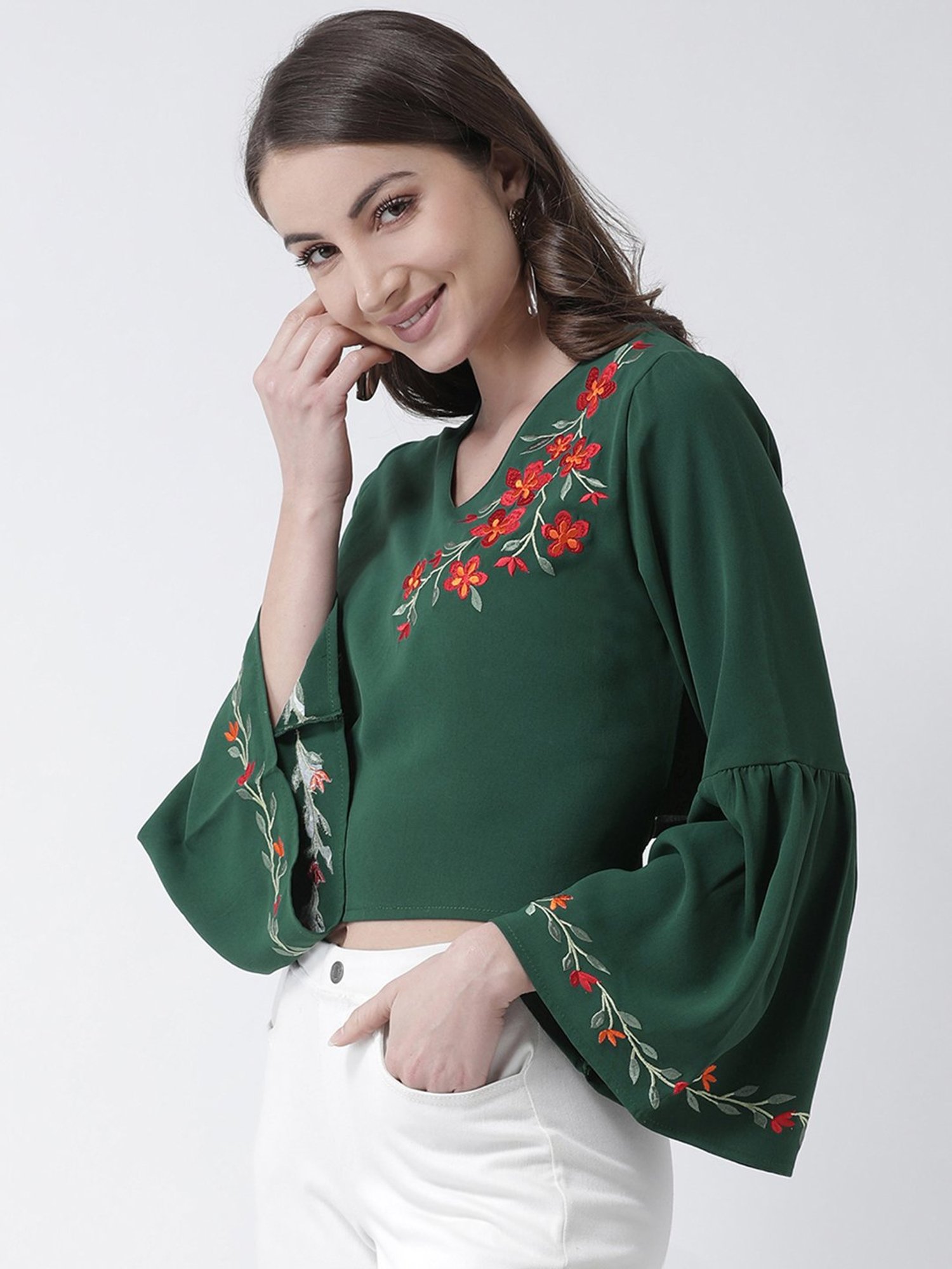 KASSUALLY Green Embroidered Top