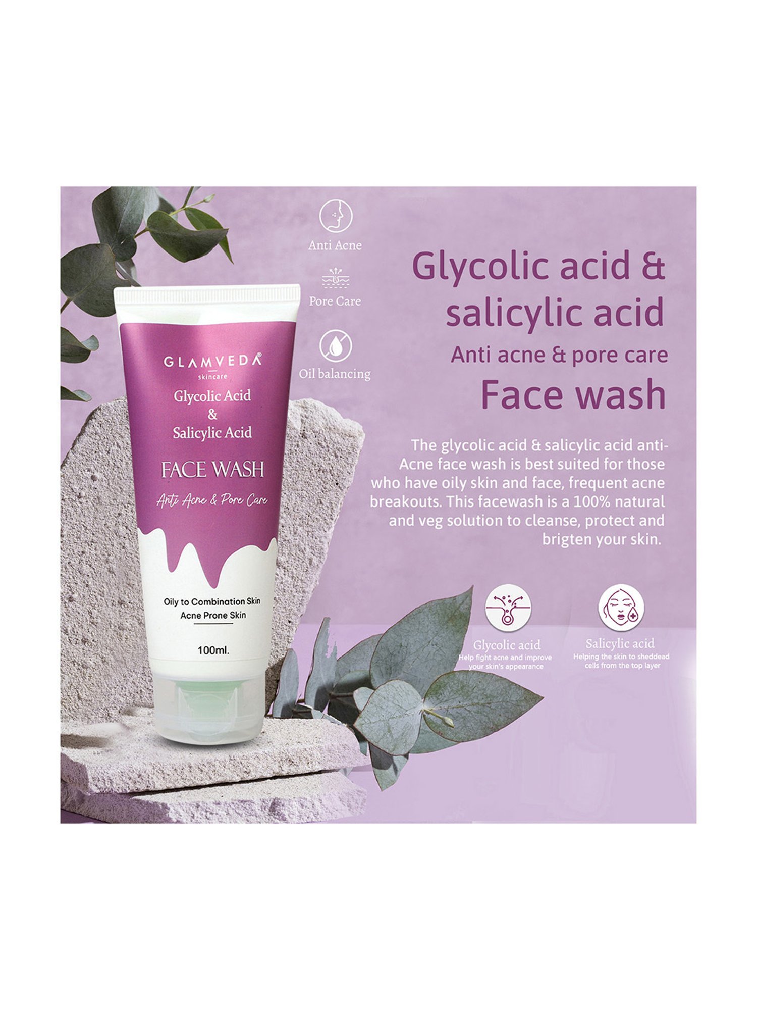 Glamveda Glycolic & Salicylic Acid Anti Acne Face Wash and Facial Kit Combo
