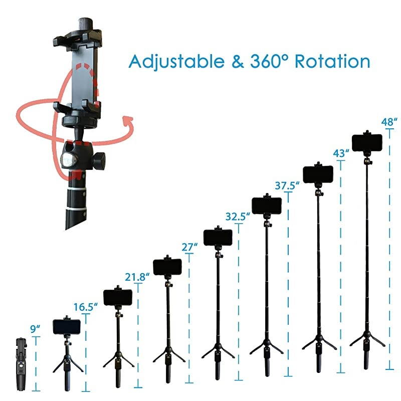 Portable 48" Selfie Stick & Tripod, Extendable, Bluetooth Remote, All in One, Lightweight Aluminum, Photos, Video, TIK Tok, Compatible with iPhone 12,11/Xs MAX/XR/XS/X, Galaxy S10/S9/S9