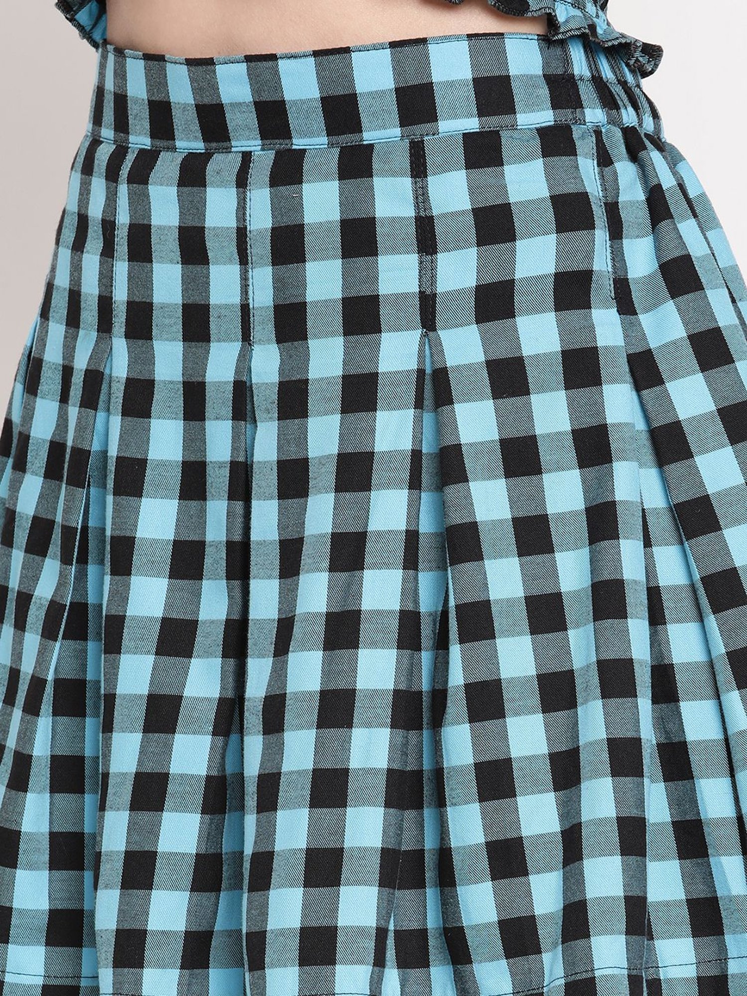 TAG 7 Blue Cotton Chequered A-Line Skirt