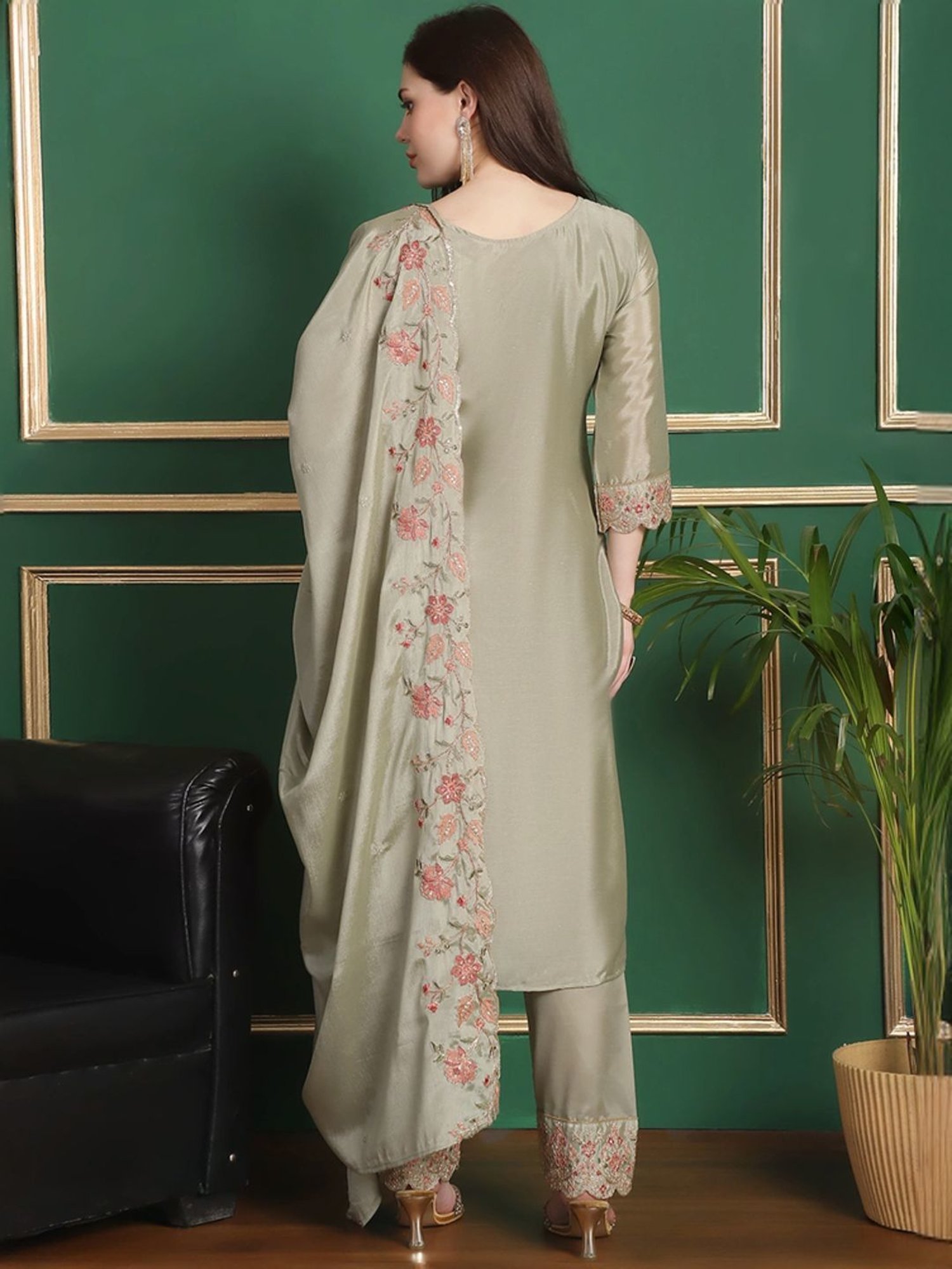 Stylee LIFESTYLE Olive Green Embroidered Unstitched Dress Material