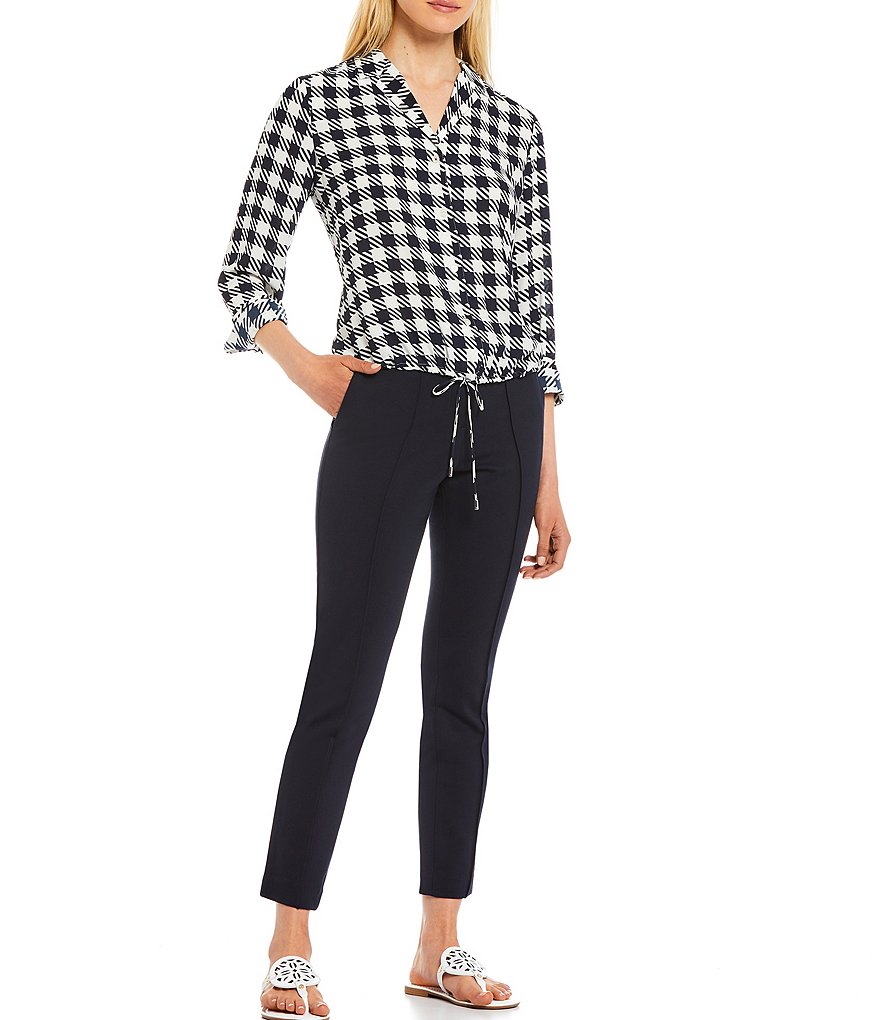 Tommy Hilfiger Check Plaid Print Button-Front Drawstring Hem Long Sleeve Top