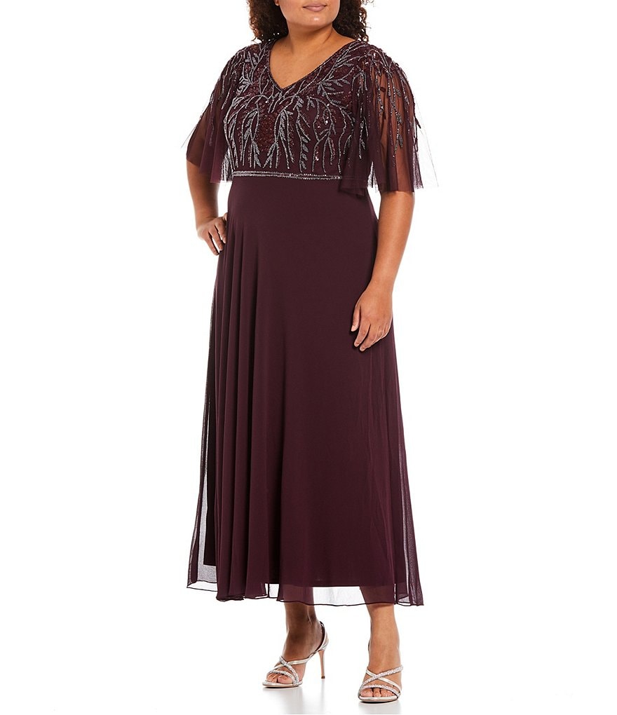 Jkara Plus Size Beaded Bodice Short Flutter Sleeve V-Neck Lined Gown
