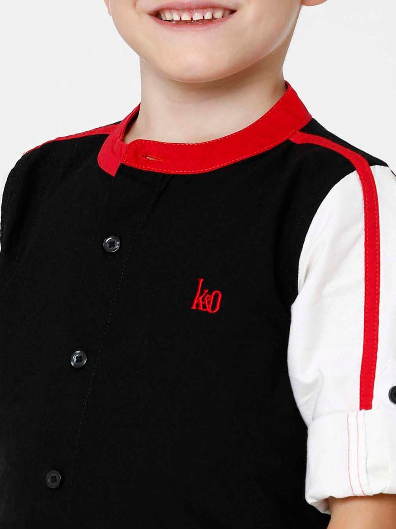 Kate & Oscar Kids Black & White Cotton Embroidered Full Sleeves Shirt