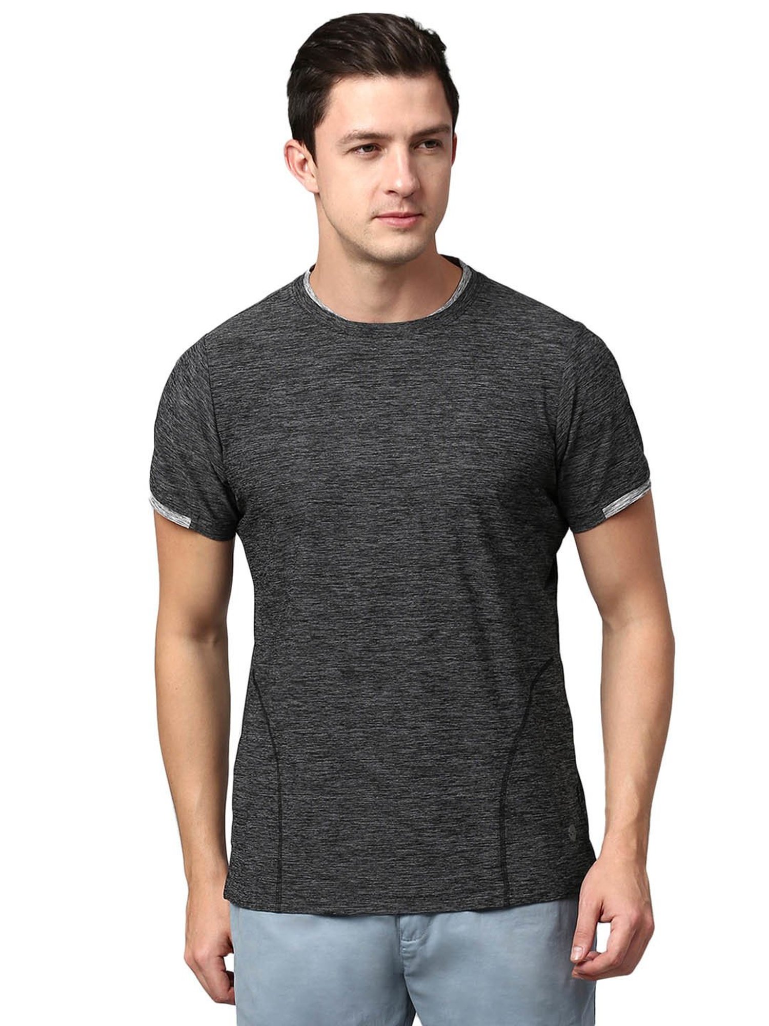 Slowave Dark Grey Regular Fit Self Design T-Shirt