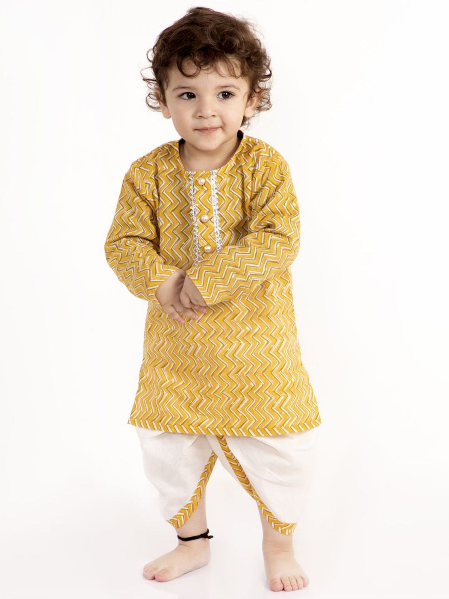 Little Bansi Kids Yellow Cotton Printed Kurta Set
