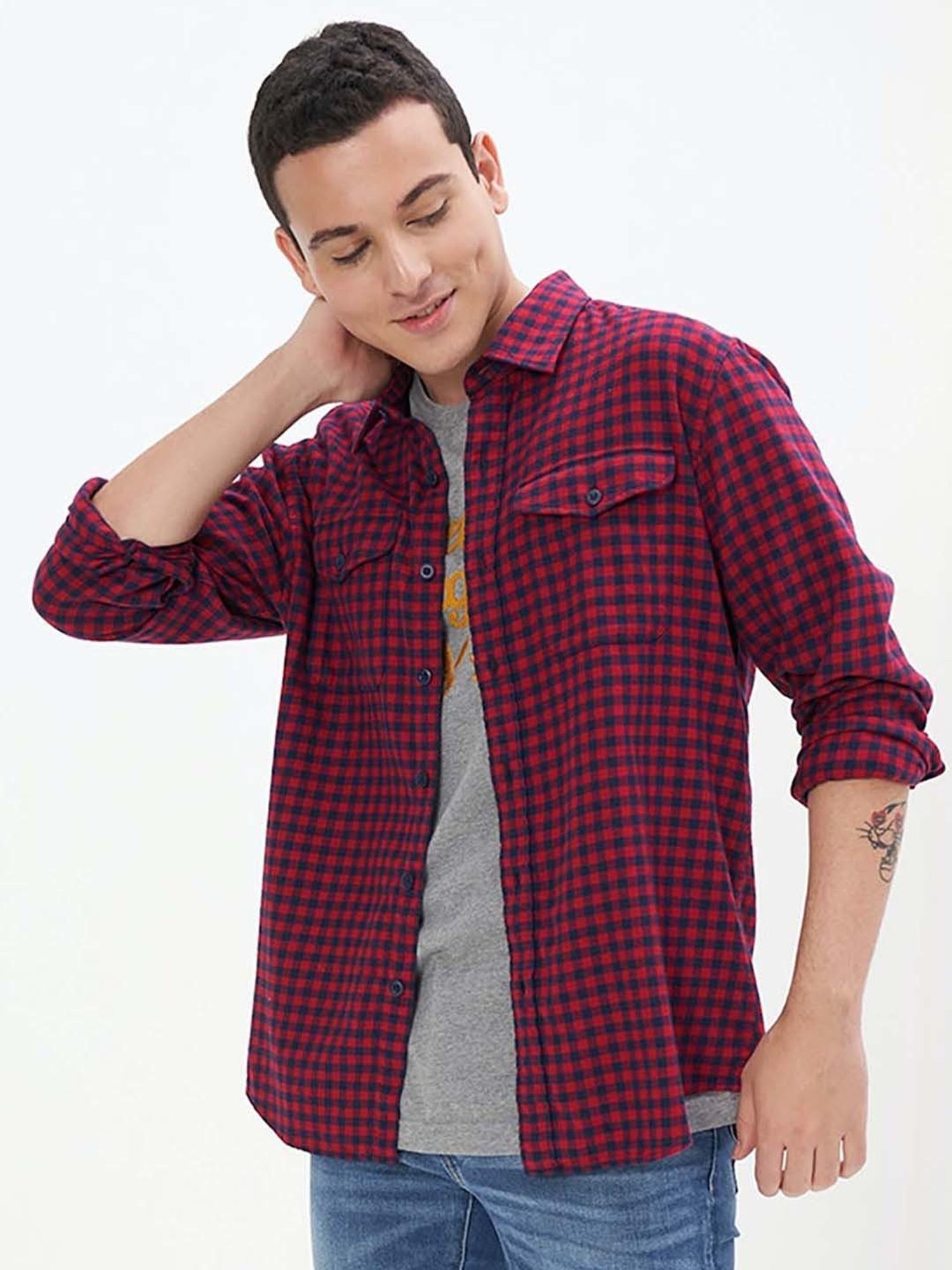 American Eagle Burgundy Cotton Regular Fit Checks Shirt