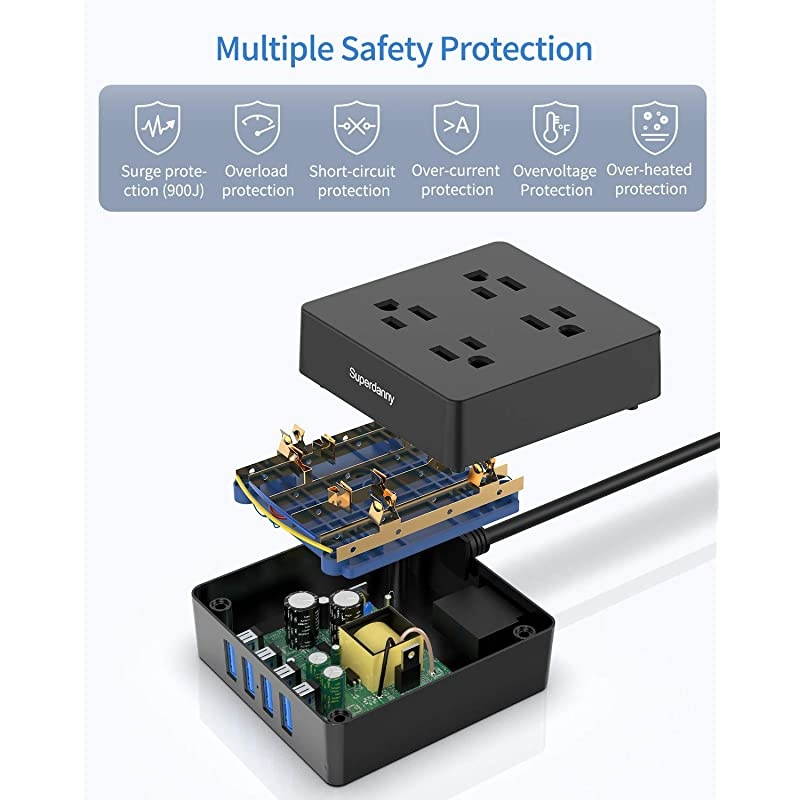 USB Power Strip Surge Protector  Mountable Charging Station with 4 Widely Spaced AC Outlets 4 Smart USB Ports 5ft Desktop Extension Cord for Home Office Hotel Dorm RV Deep Green