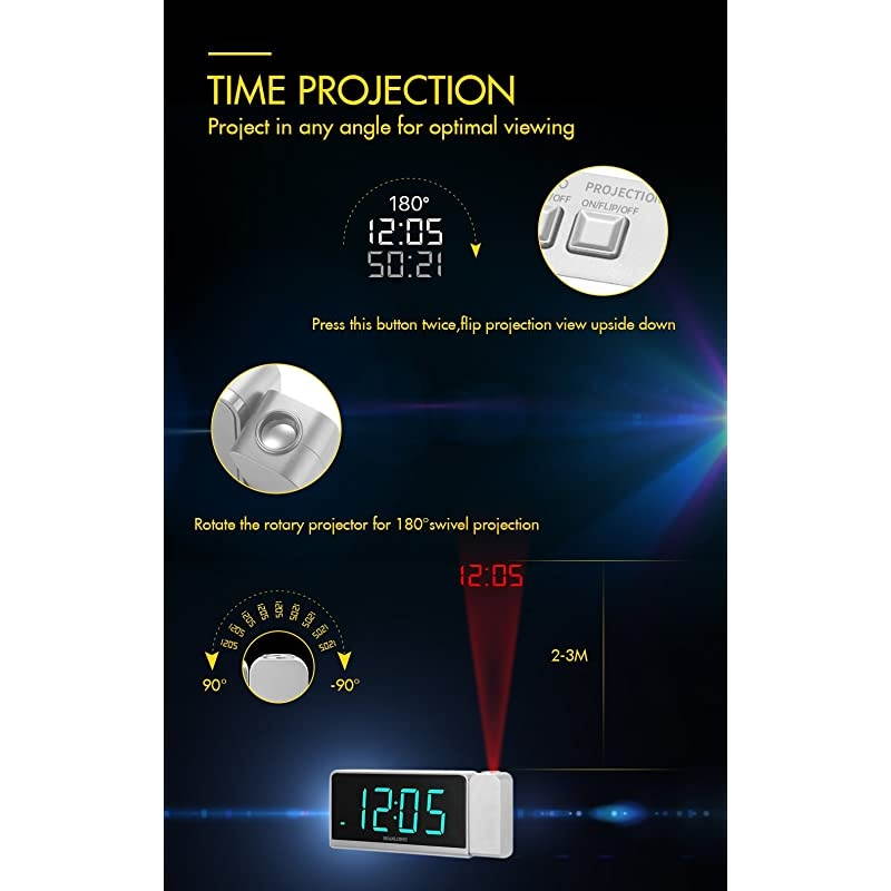 Alarm Clock with AM/FM Radio, 180&deg;Projector, 7" LED Digital Ceiling Display, Easy to Use, Clear Cyan Digit, 3 Dimmer, Digital Alarm Clock with USB Phone Charger, Battery Backup for Bedroom