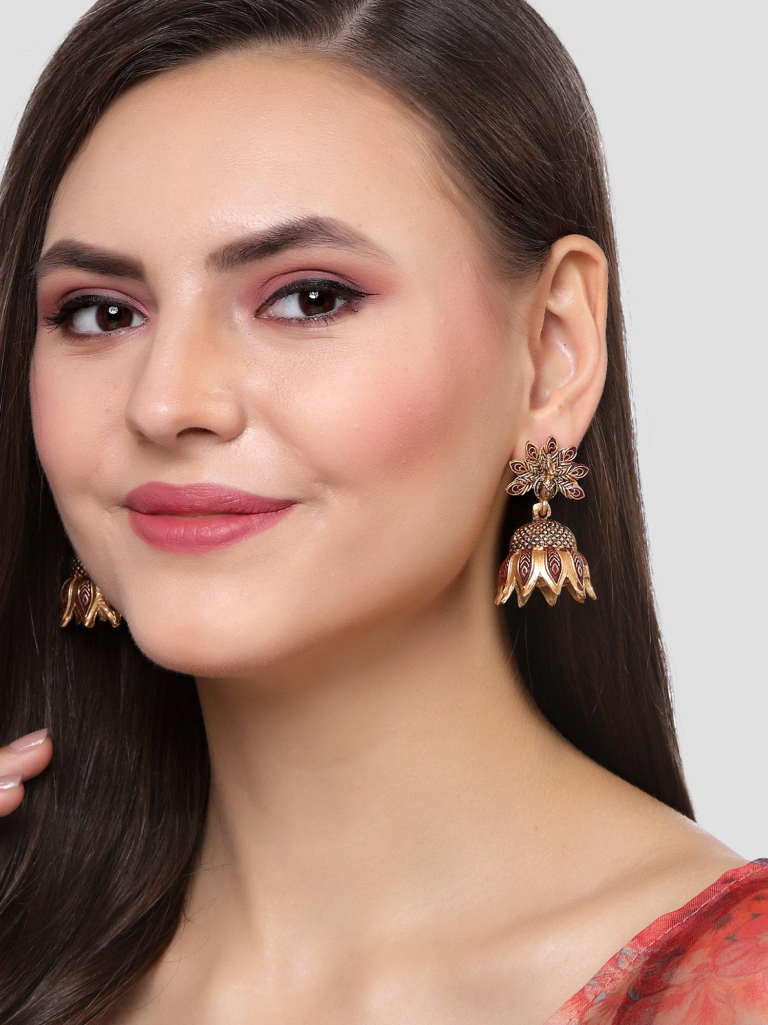 Karatcart Gold-Plated Peacock Design Maroon Jhumki Earrings for Women