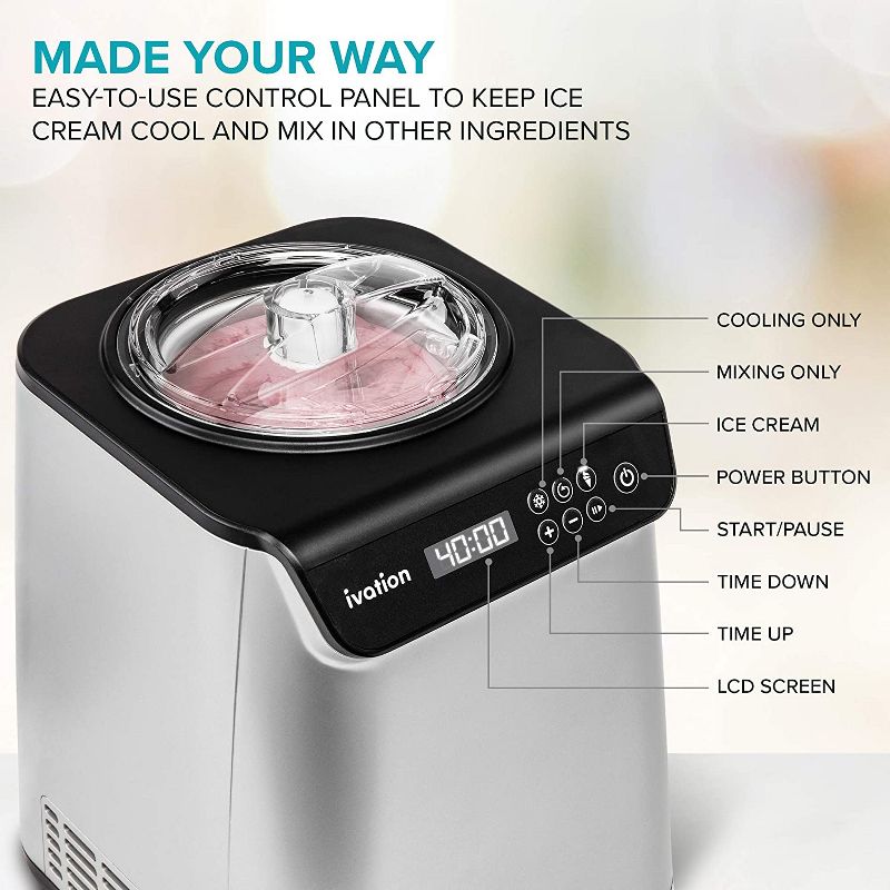 Ivation Compressor Ice Cream Maker Machine, Automatic Instant Cool Gelato Maker, No Pre-freezing Necessary, Stainless Steel, LCD Screen, Digital Timer, Removable Bowl Clear Lid, Recipe Book