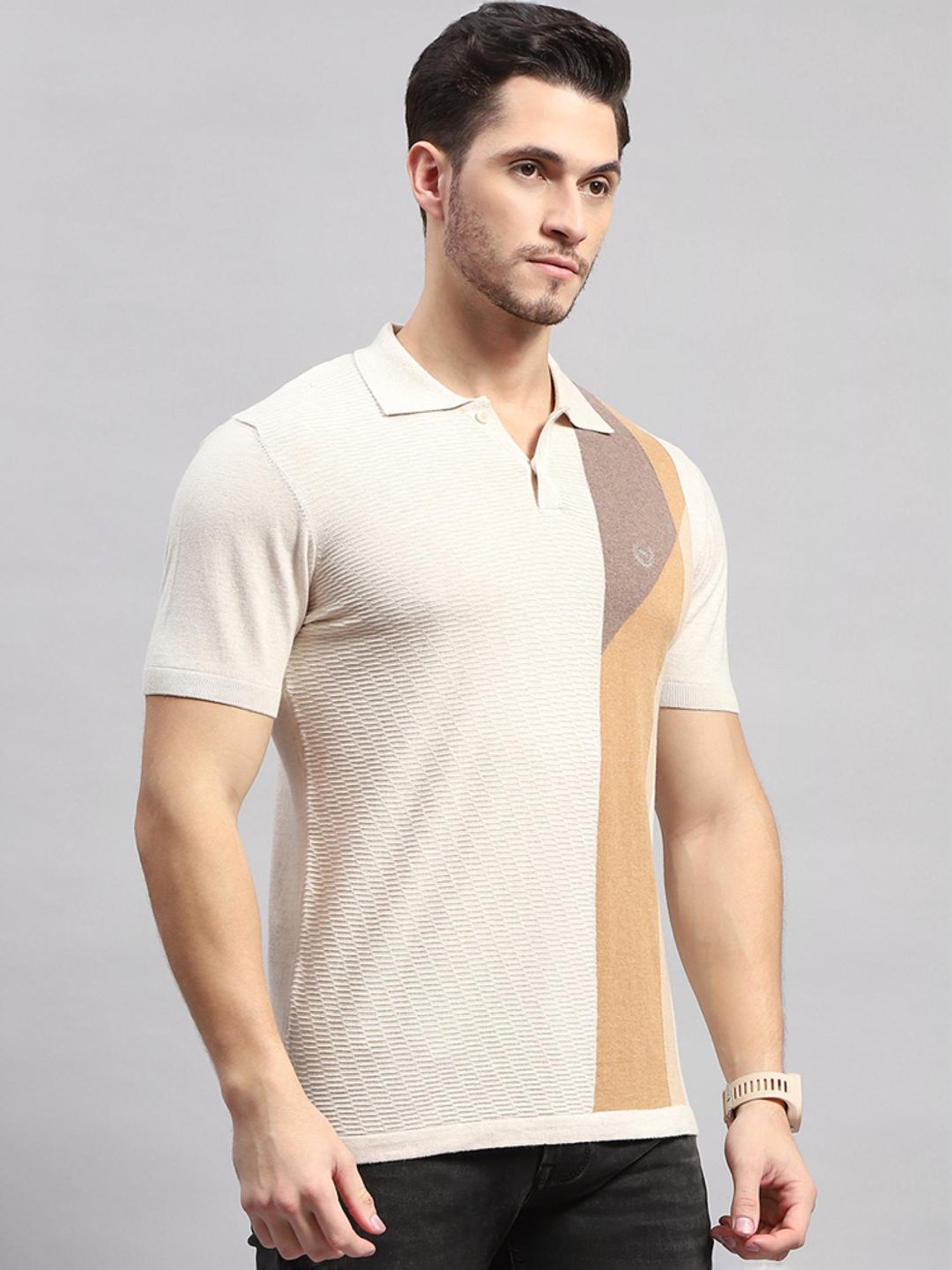 Monte Carlo Beige Cotton Regular Fit Printed Polo T-Shirt