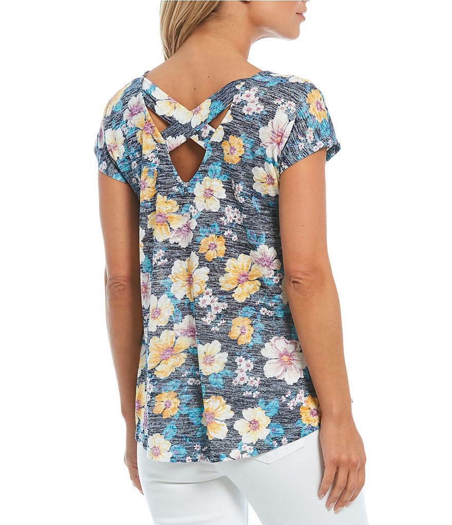 Bobeau Floral Print Scoop Neck Cross Back Tee